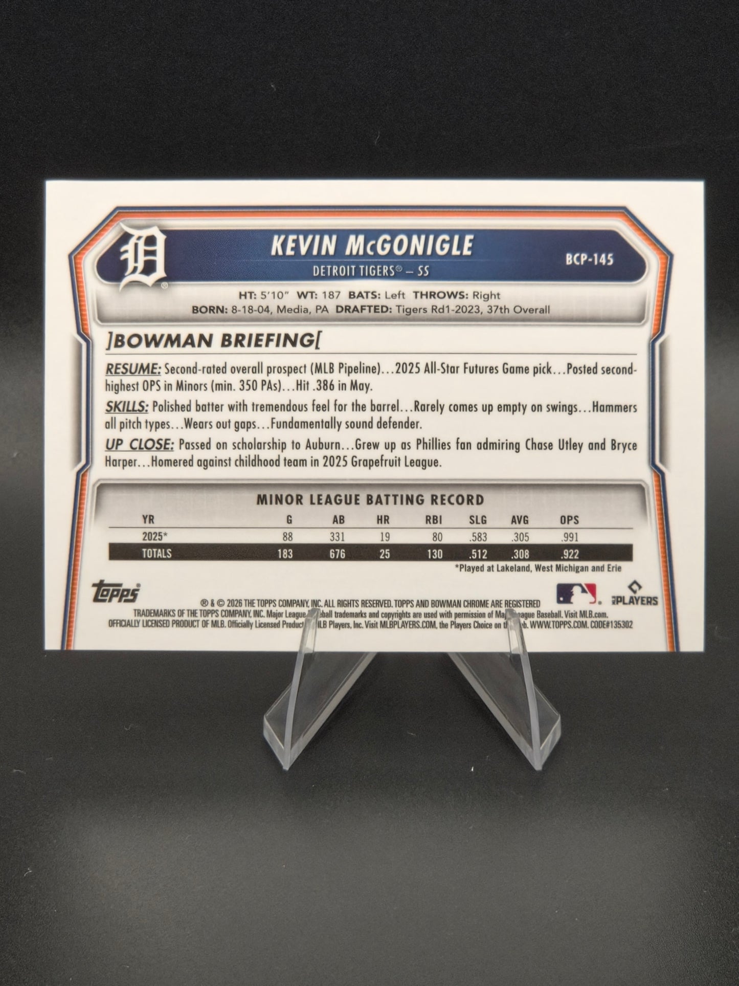 2026 Bowman Chrome Kevin McGonigle Reptilian Refractor #BCP-145 Detroit Tigers