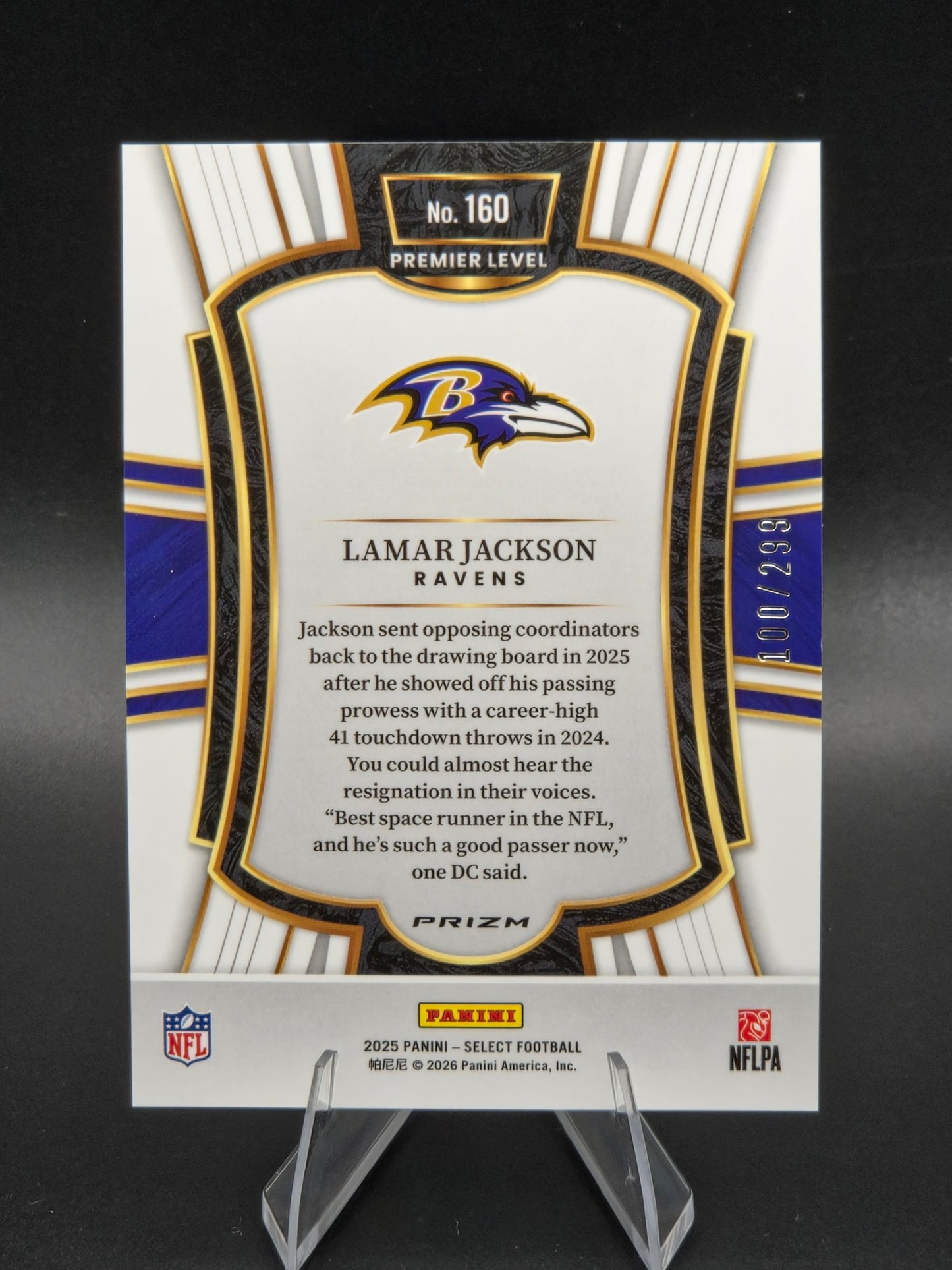 2025 Panini Select Lamar Jackson Premier Level Tri-Color Prizm 100/299 #160 Baltimore Ravens