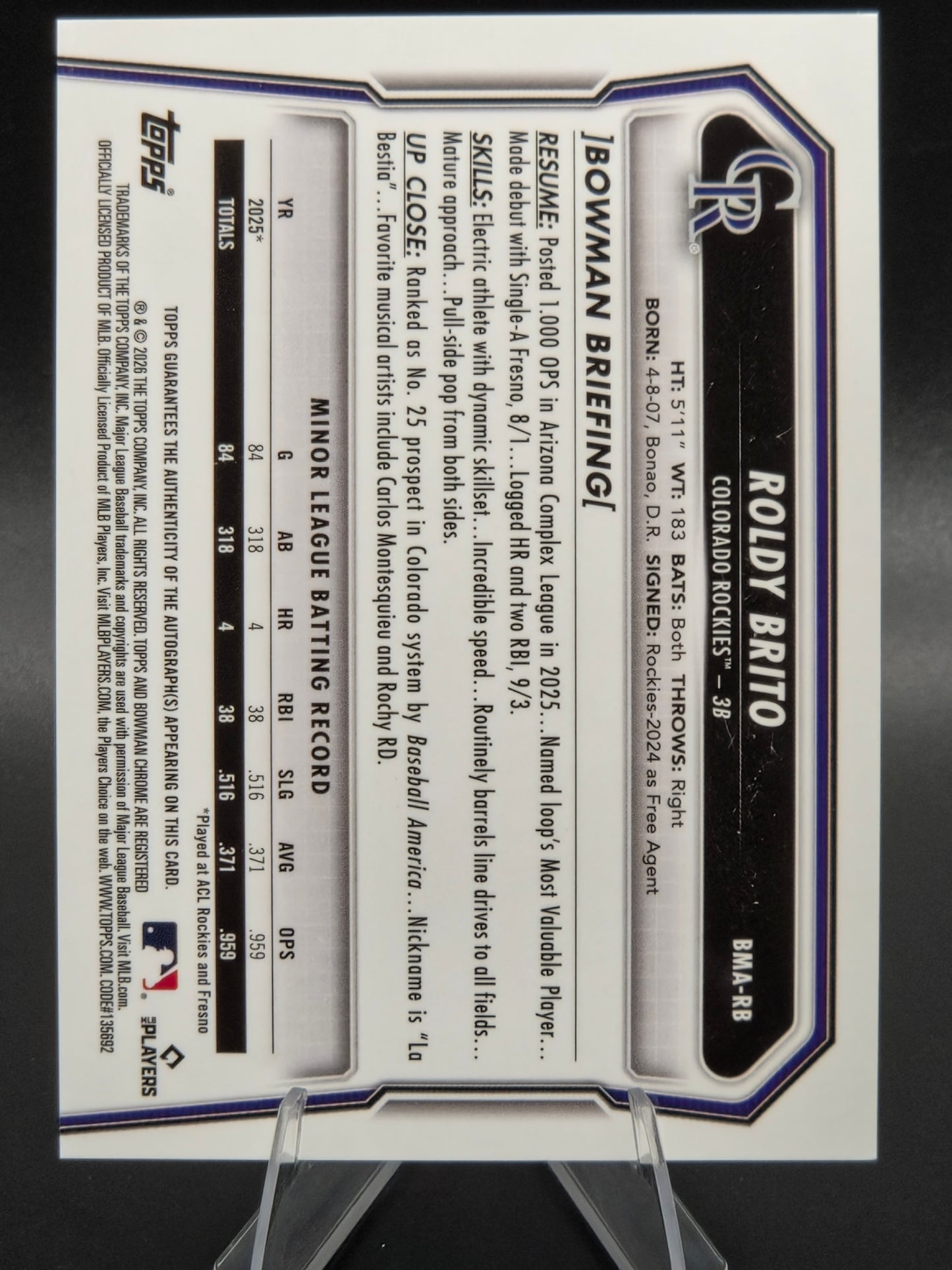 2026 Bowman Roldy Brito Blue Mojo Autograph 003/150 #BMA-RB Colorado Rockies