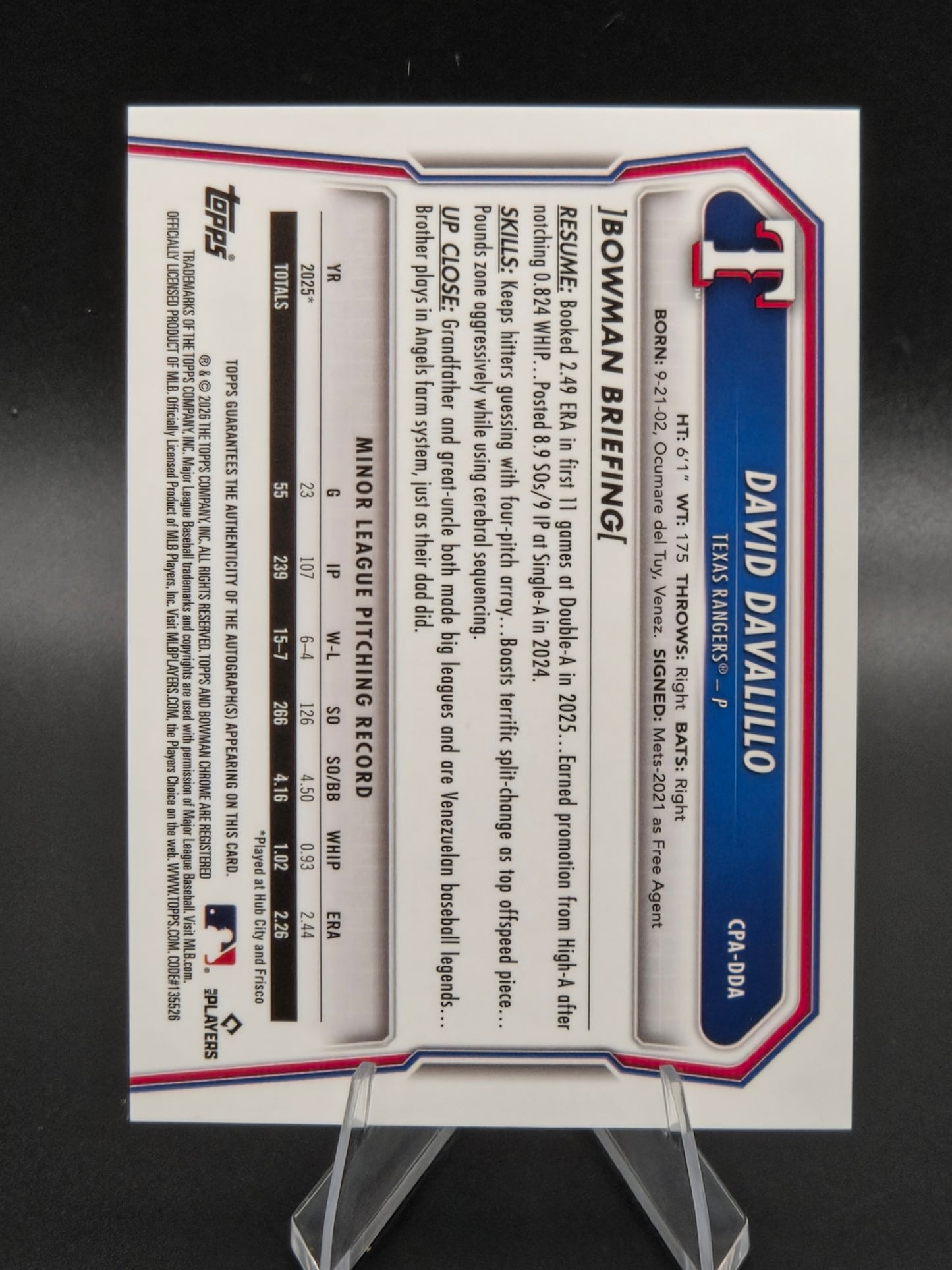 2026 Bowman Chrome David Davalillo Purple Autograph 004/250 1st Bowman #CPA-DDA Texas Rangers