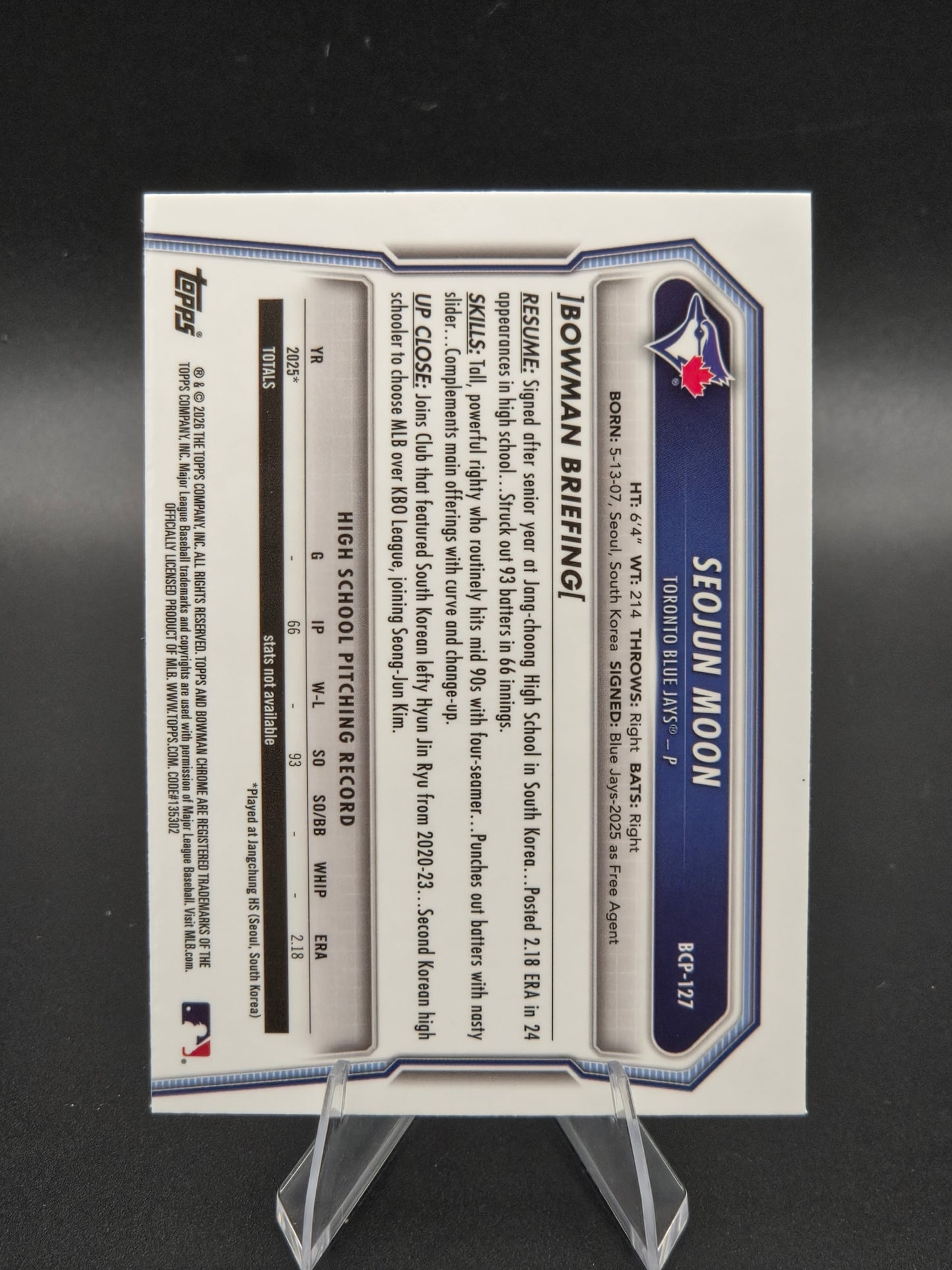 2026 Bowman Chrome 1st Bowman Seojun Moon X-Fractor #BCP-127 Toronto Blue Jays
