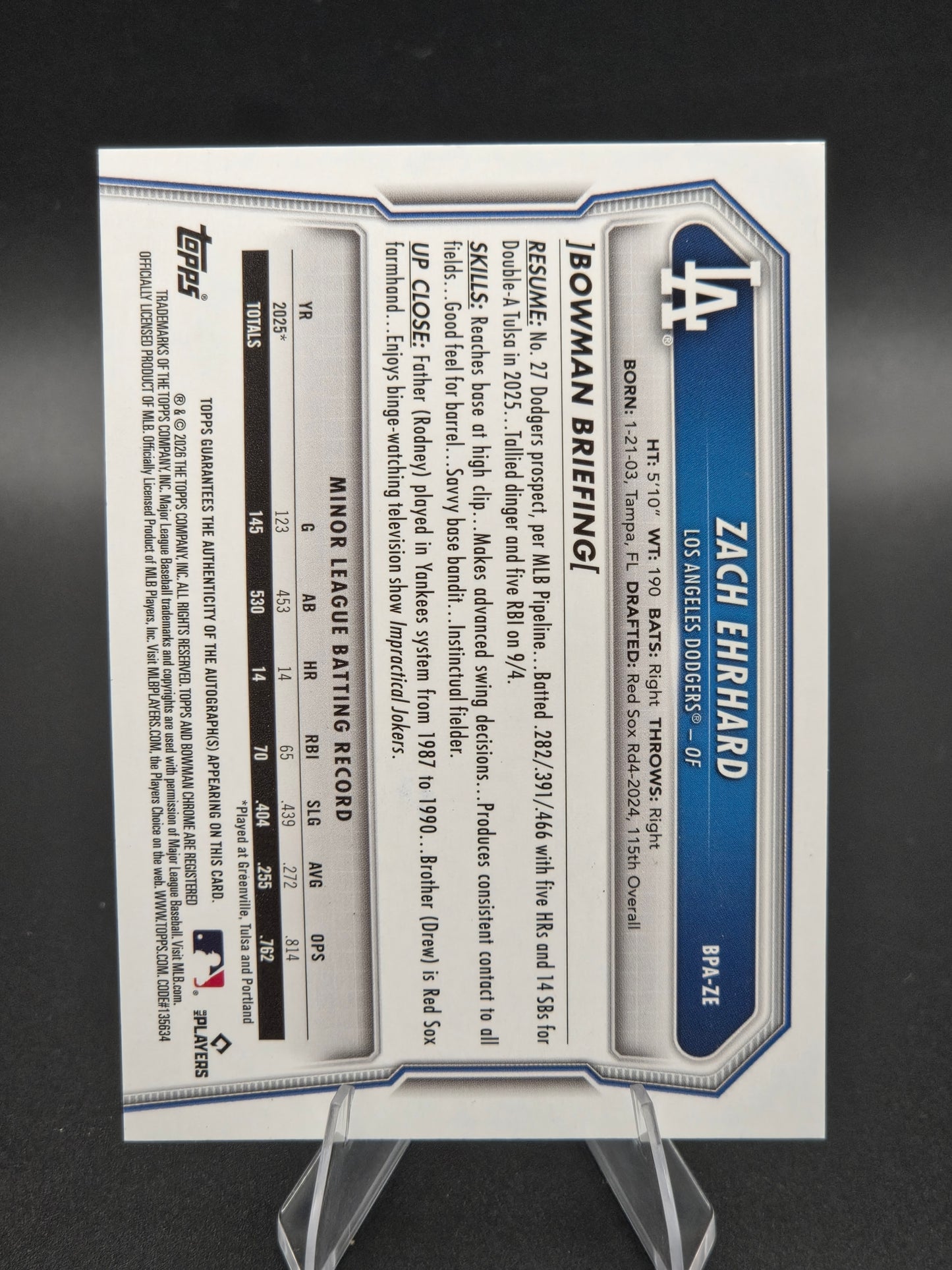 2026 Bowman Chrome 1st Bowman Zach Ehrhard Autograph #BPA-ZE Los Angeles Dodgers