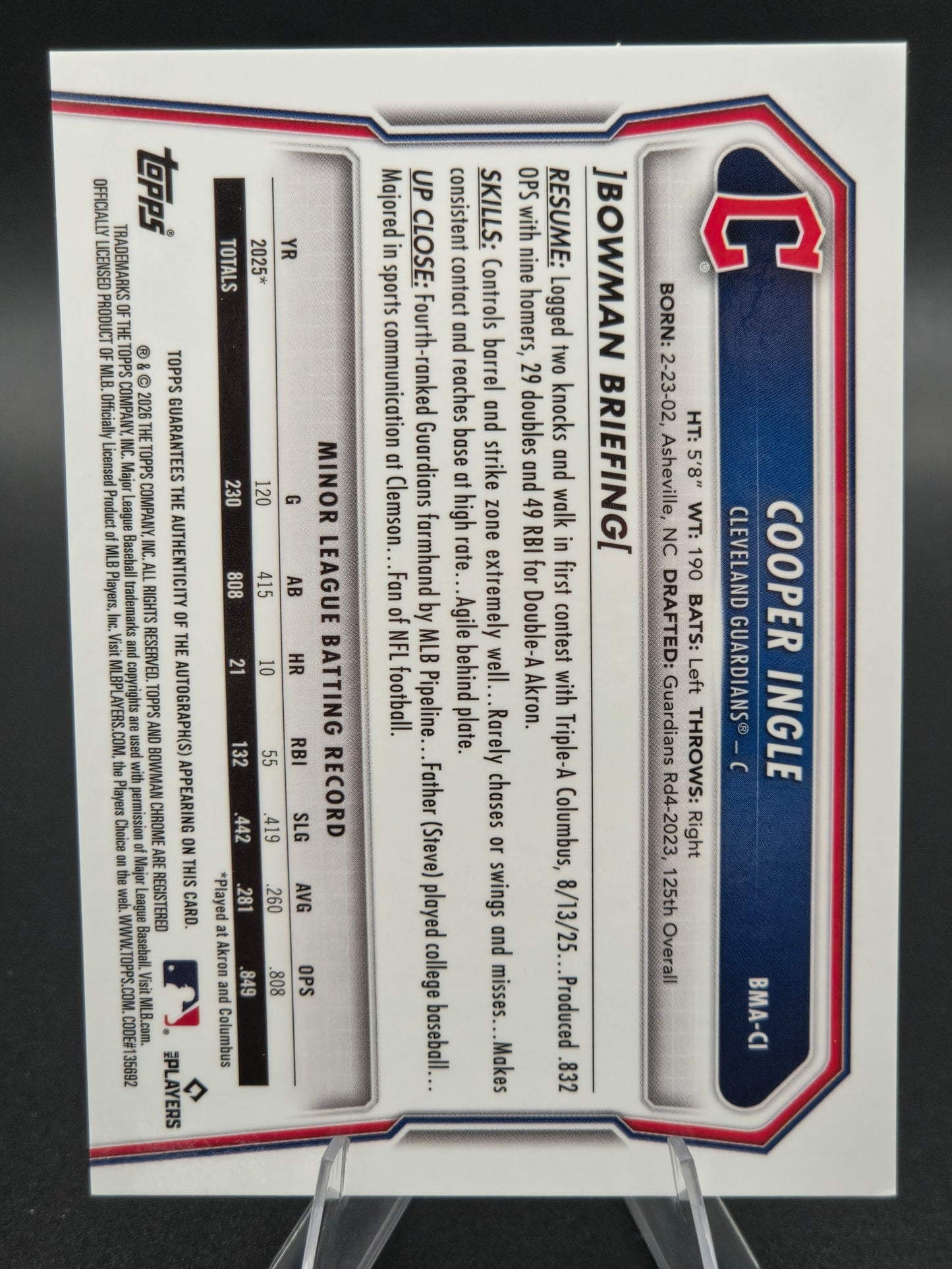 2026 Bowman Chrome Cooper Ingle Blue Mojo Autograph 139/150 #BMA-CI Cleveland Guardians