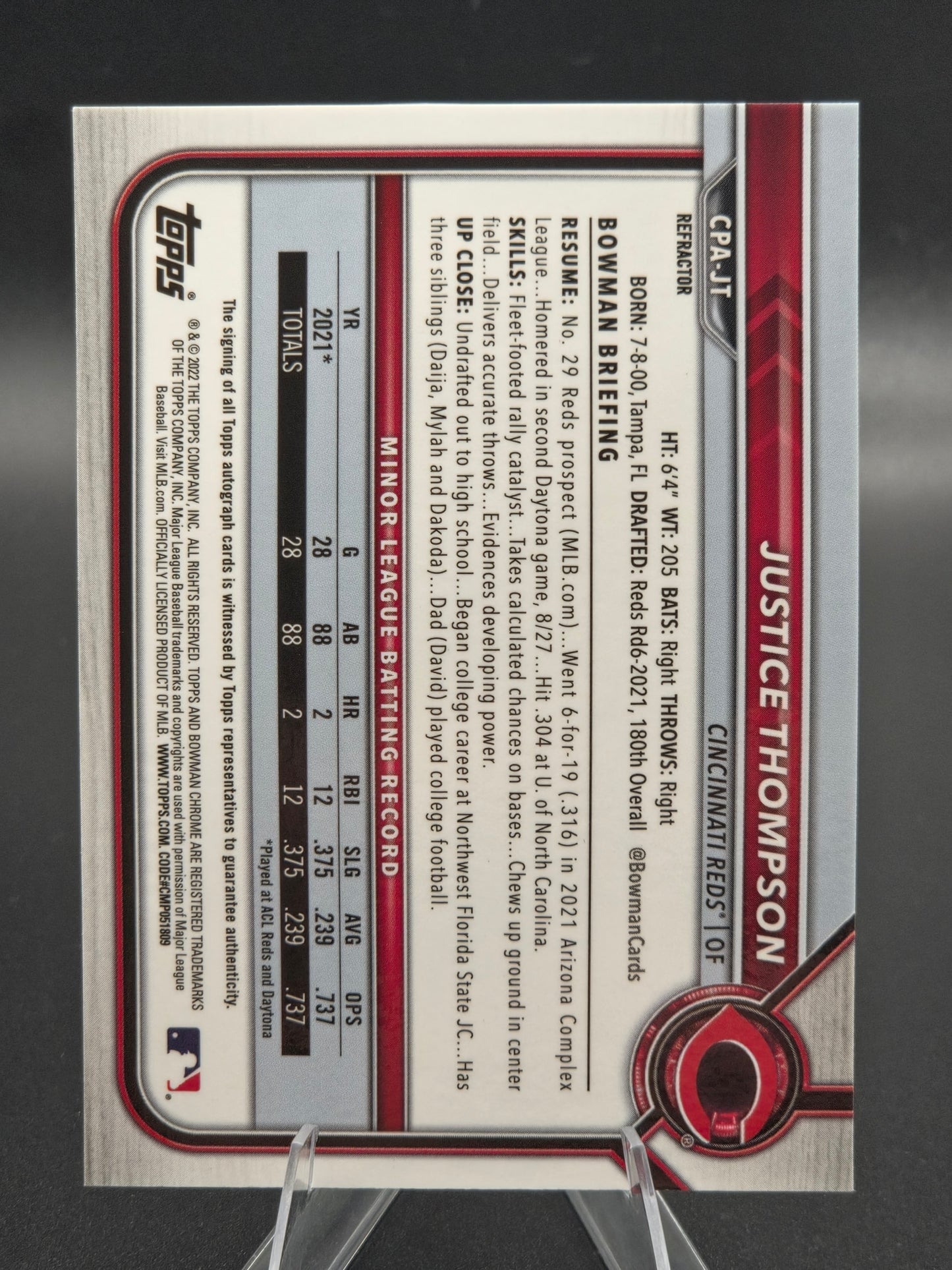 2022 Bowman Chrome 1st Bowman Justice Thompson Refractor Autograph 331/499 #CPA-JT Cincinnati Reds