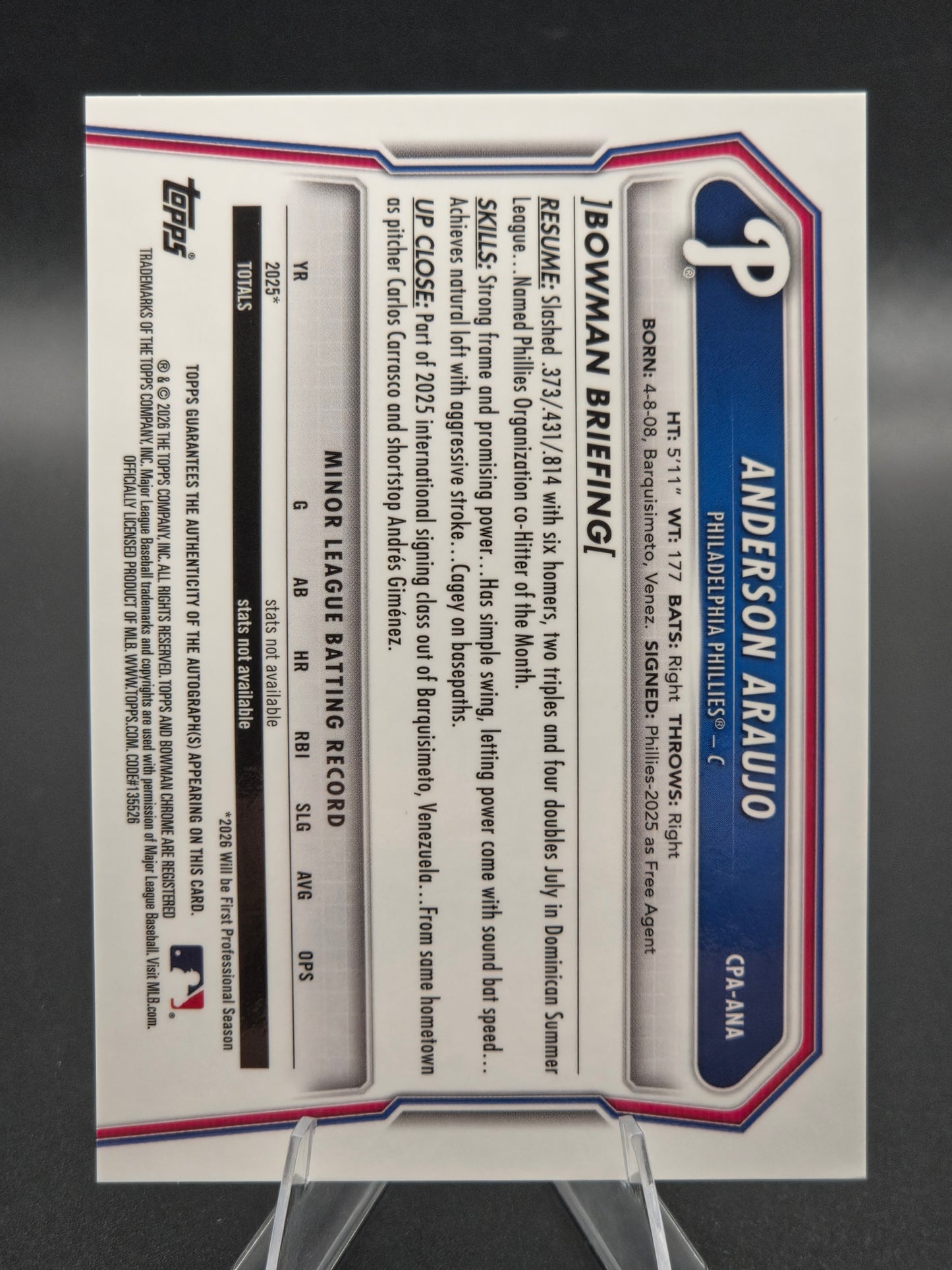 2026 Bowman Chrome 1st Bowman Anderson Araujo Purple Autograph 067/250 #CPA-ANA Philadelphia Phillies