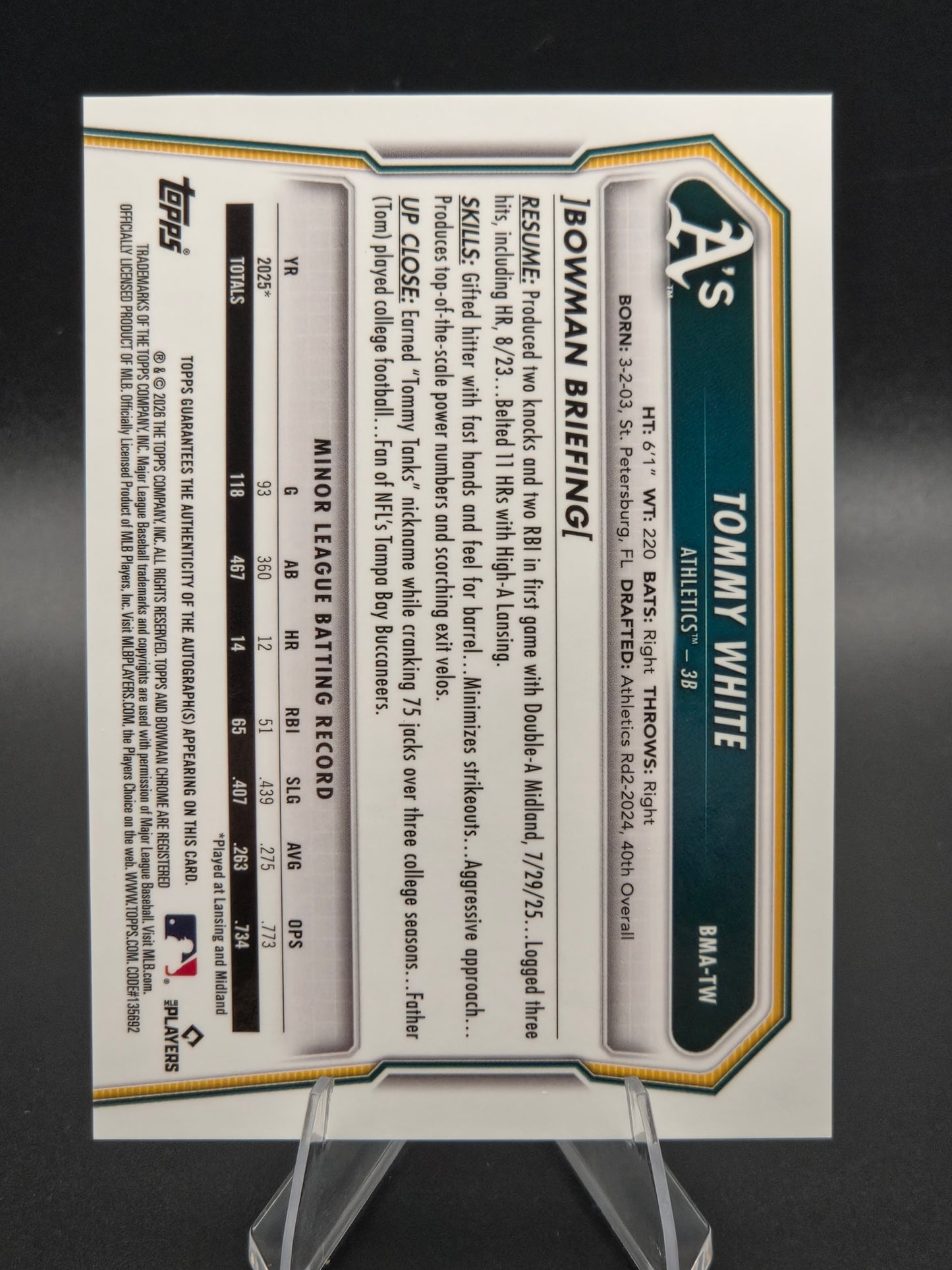 2026 Bowman Chrome Tommy White Mojo Refractor Autograph #BMA-TW Athletics