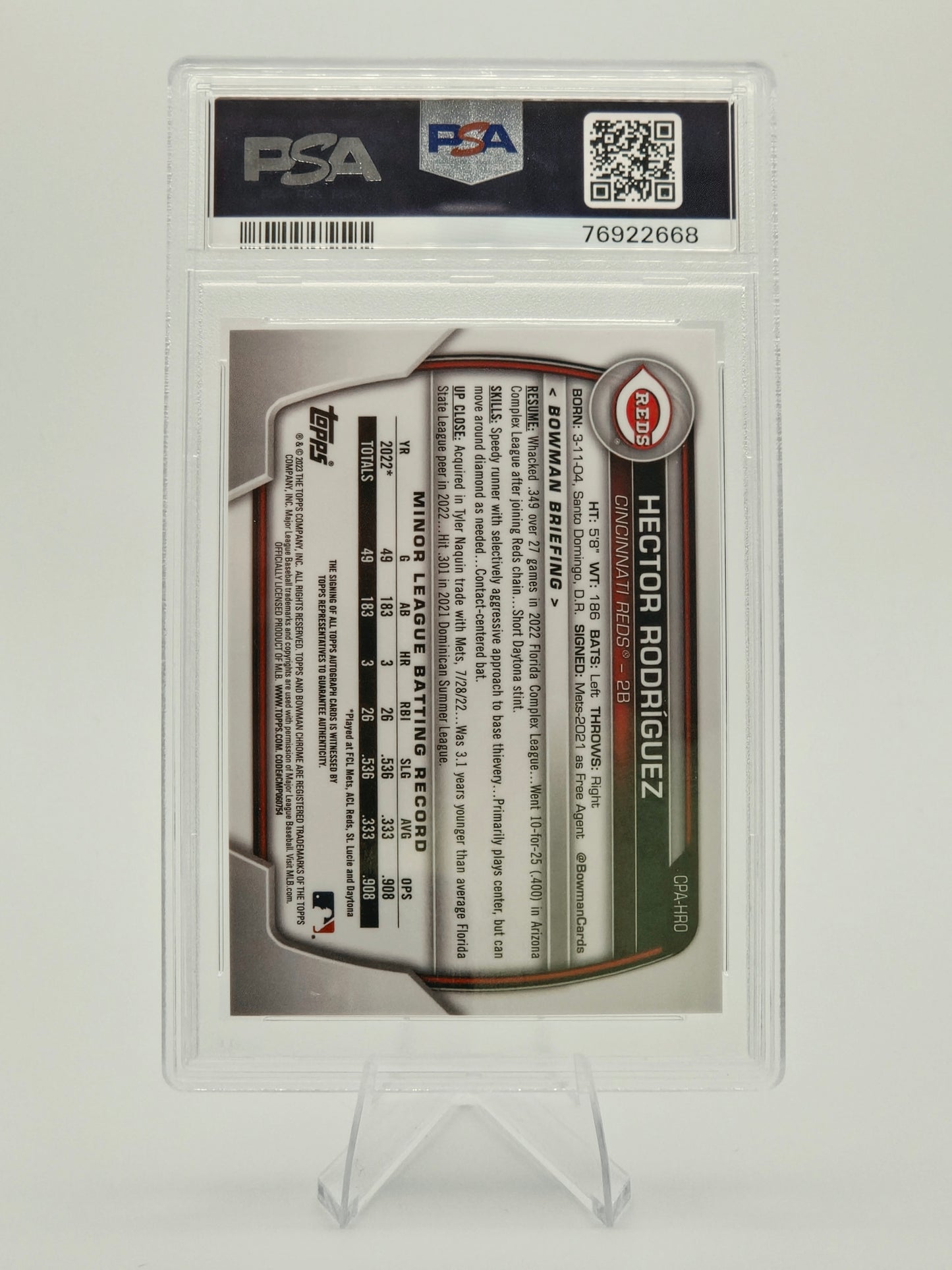 2023 Bowman Chrome Hector Rodriguez 1st Bowman Prospect Autograph #CPA-HRO PSA 10 Cincinnati Reds
