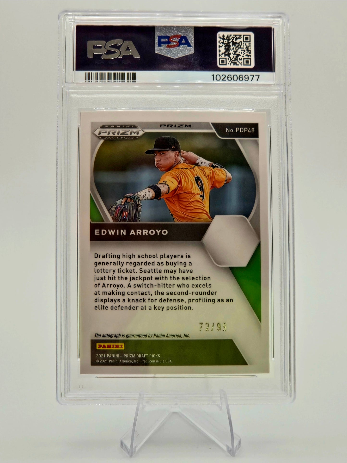 2021 Panini Prizm Draft Picks Edwin Arroyo Blue Prizm Autograph 72/99 #PDP48 PSA 9 Cincinnati Reds