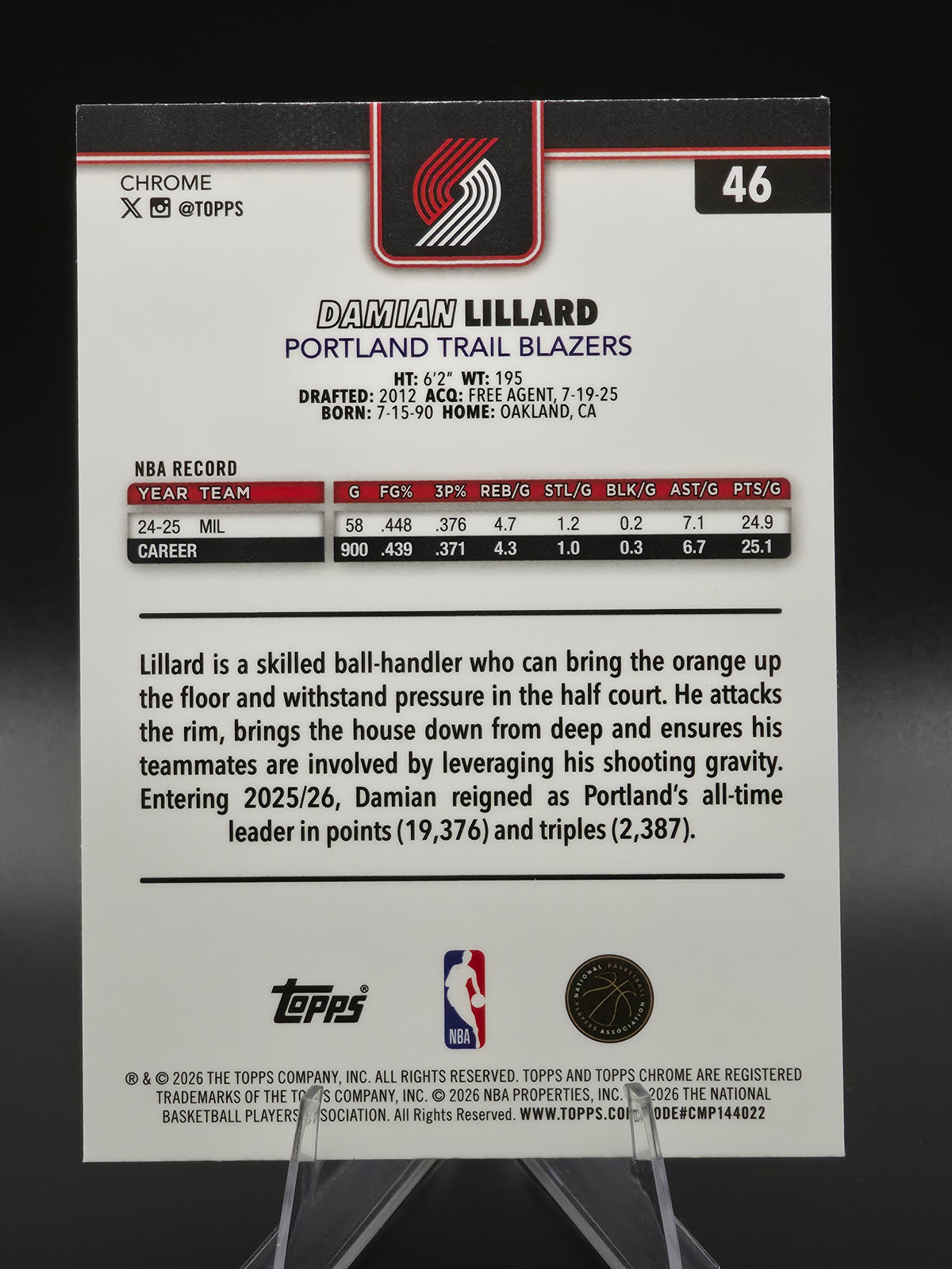 2026 Topps Chrome Update Damian Lillard Blue Refractor 030/150 #46 Portland Trail Blazers
