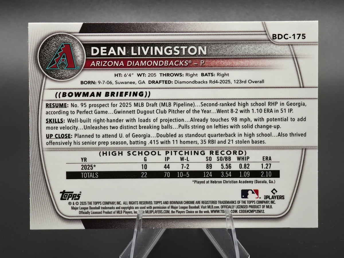 2025 Bowman Draft Chrome Dean Livingston 1st Bowman Purple Refractor 072/250 #BDC-175 Arizona Diamondbacks