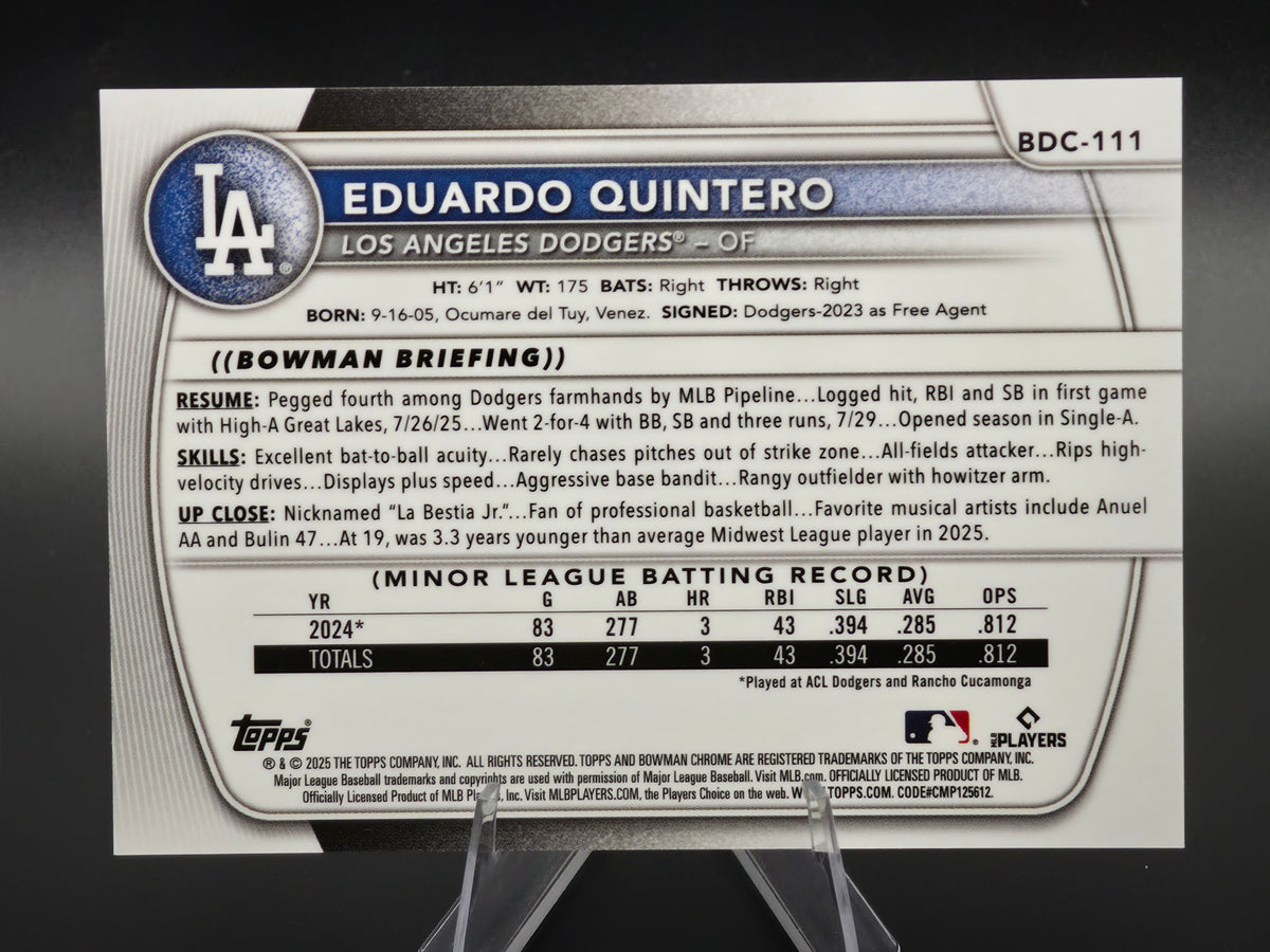 2025 Bowman Draft Chrome Eduardo Quintero Orange Refractor 12/25 #BDC-111 Los Angeles Dodgers