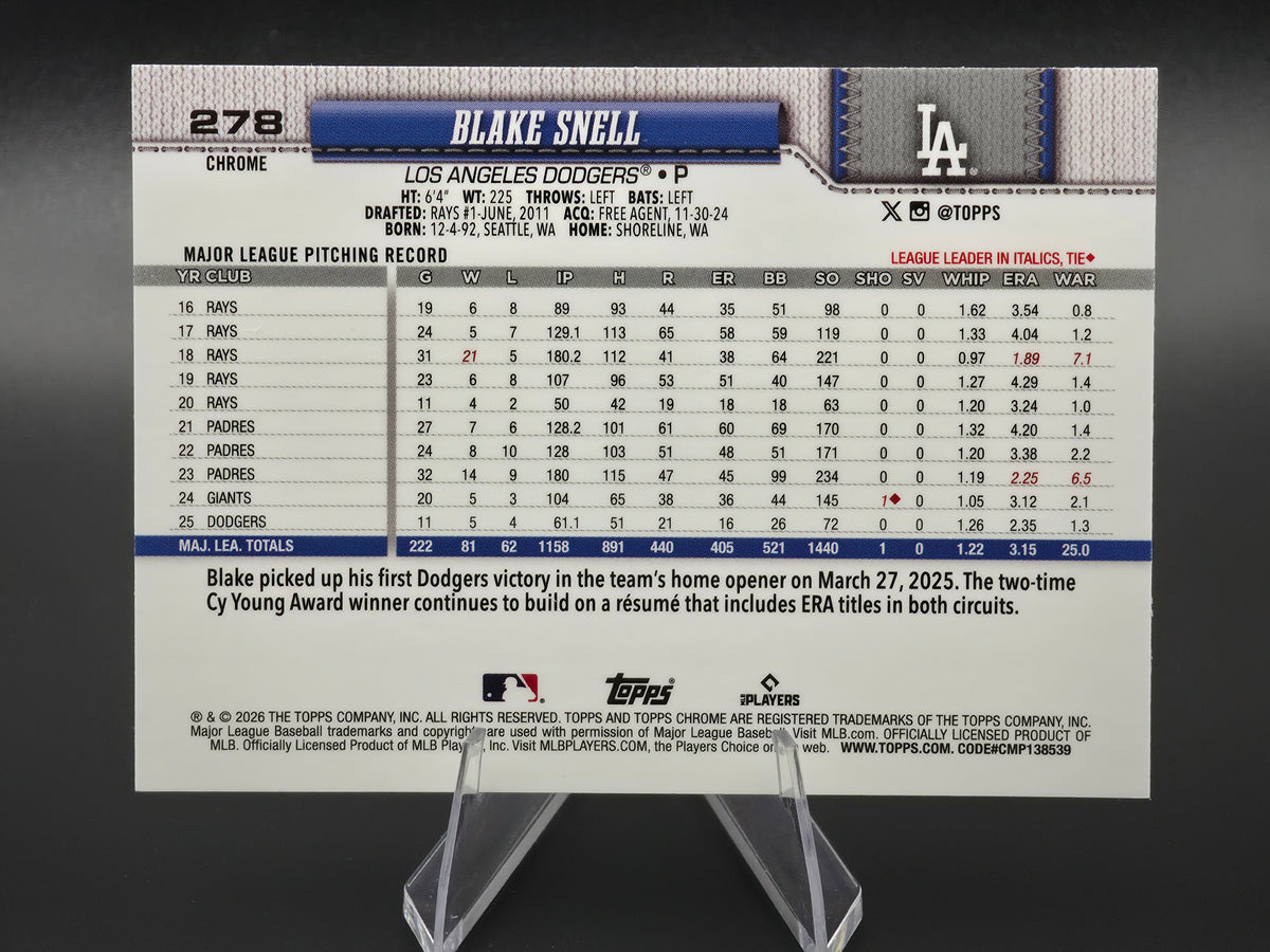 2026 Topps Chrome Blake Snell X-Fractor #278 Los Angeles Dodgers