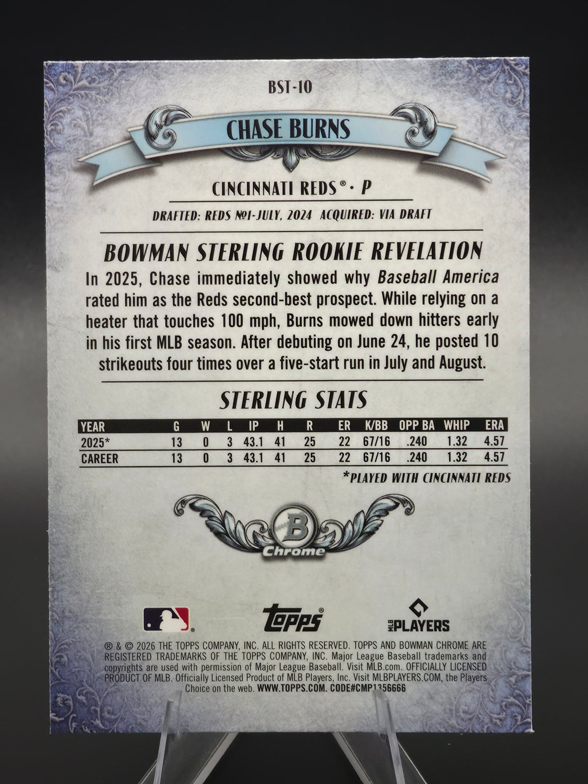 2026 Bowman Chrome Chase Burns RC Bowman Sterling Mojo Refractor #BSI-10 Cincinnati Reds