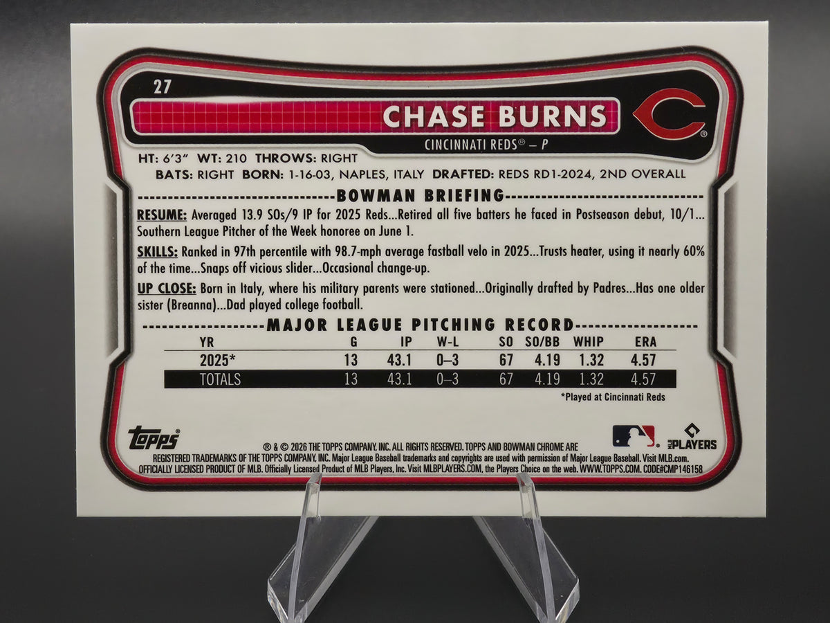 2026 Bowman Chrome Chase Burns Red RC Refractor #27 Cincinnati Reds