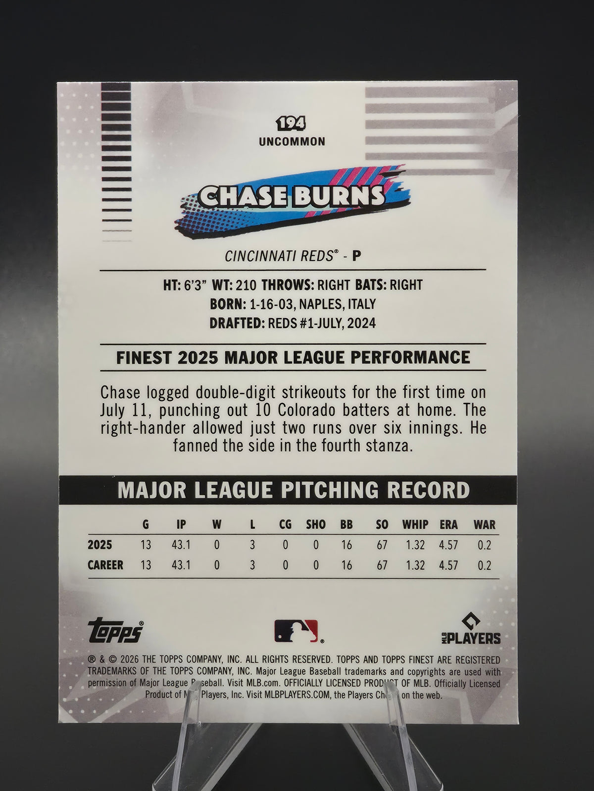 2026 Topps Finest Chase Burns RC Uncommon #194 Cincinnati Reds