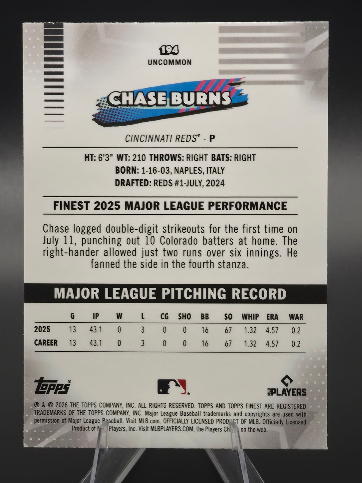 2026 Topps Finest Chase Burns RC Uncommon Mini Diamond Refractor #194 Cincinnati Reds