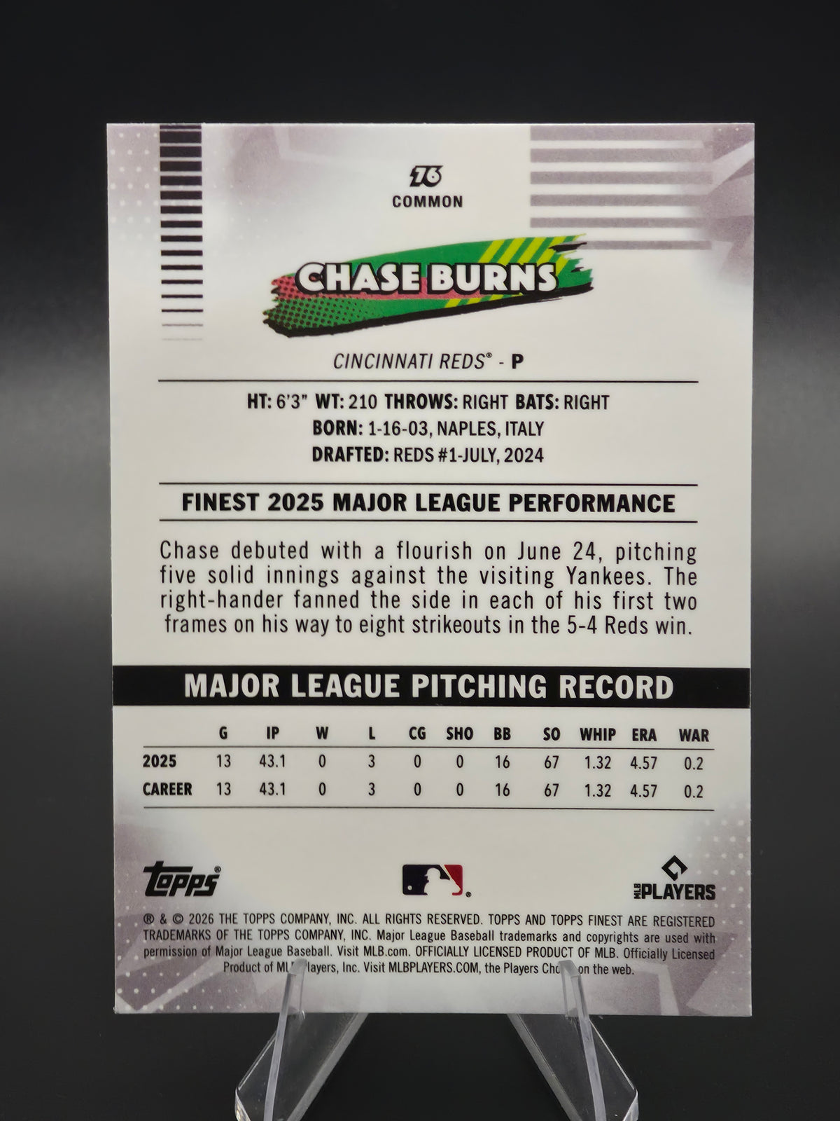 2026 Topps Finest Chase Burns RC Refractor #76 Cincinnati Reds