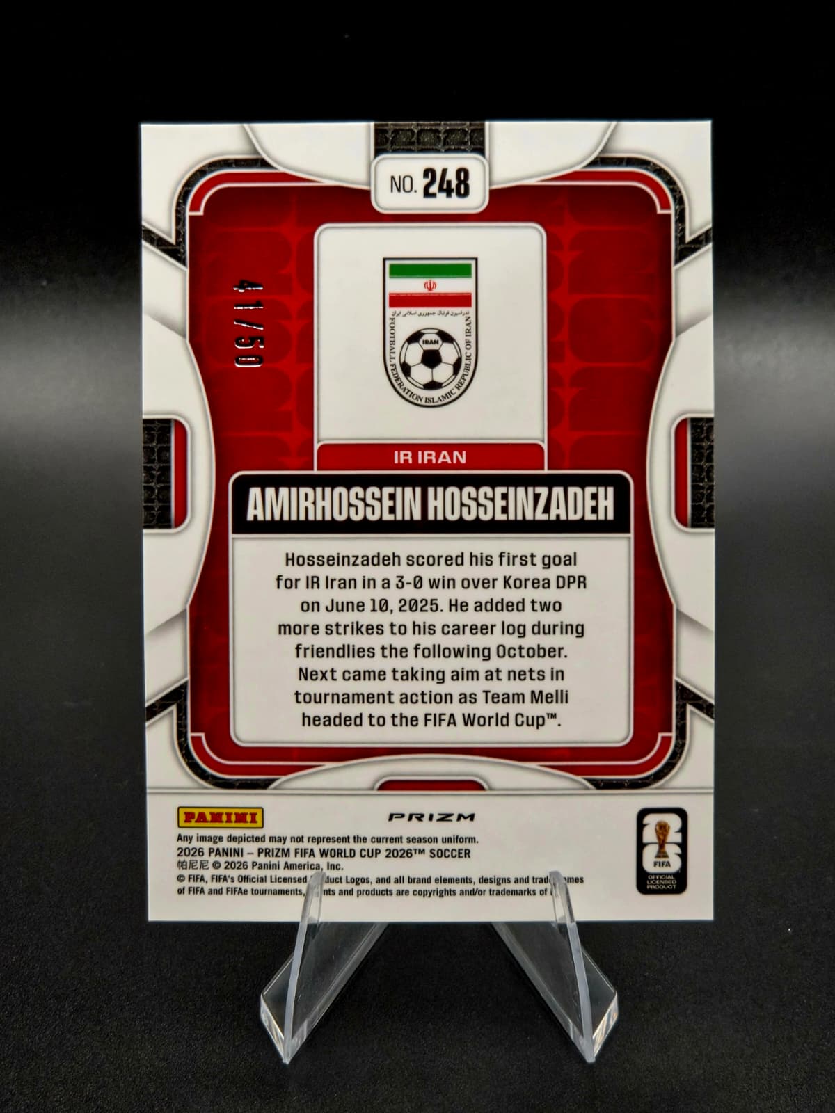 2026 Panini Prizm FIFA World Cup Amirhossein Hosseinzadeh Red Rookie Parallel 41/50 #248 IR Iran