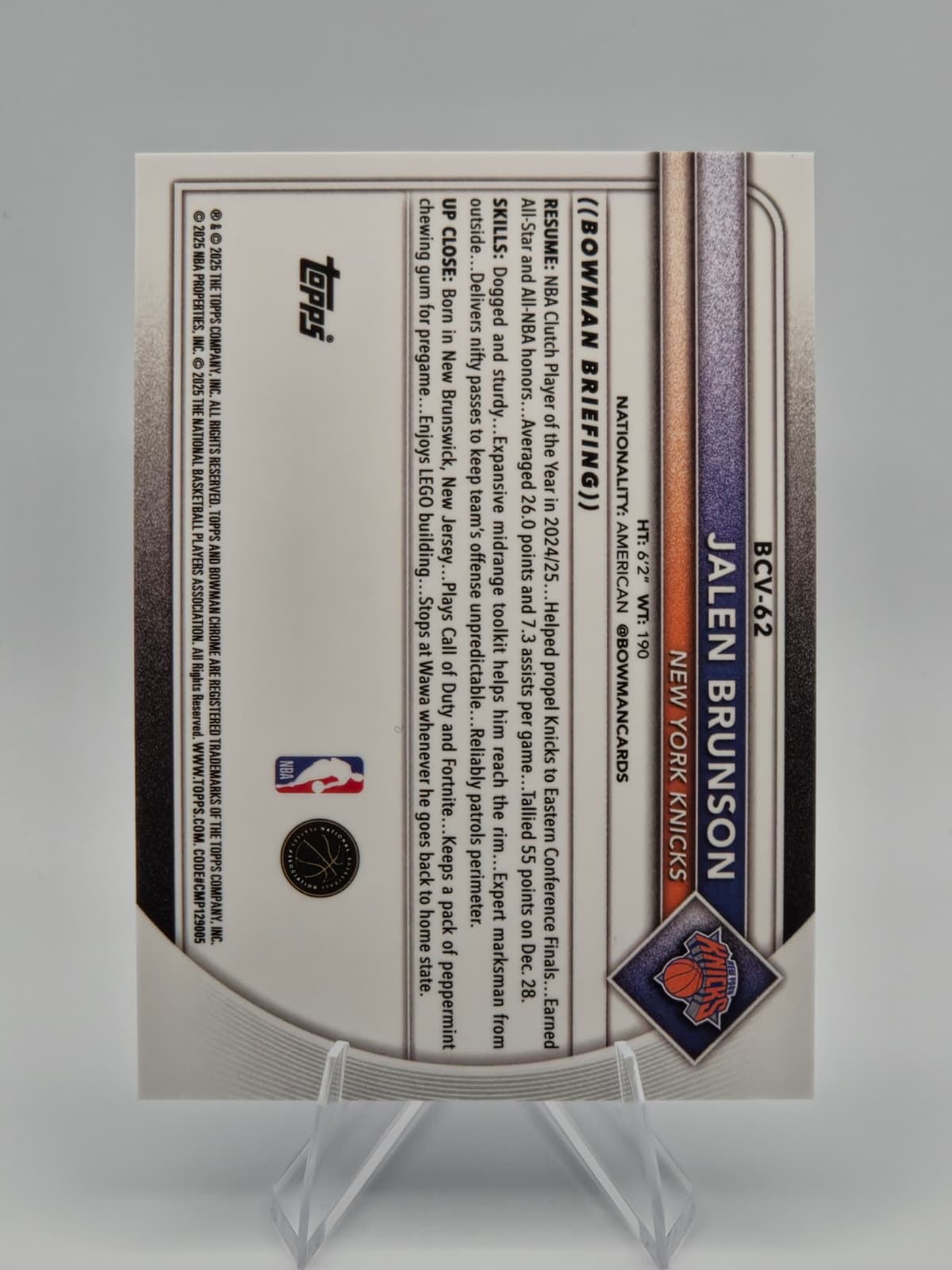 2025-26 Bowman Chrome Basketball Jalen Brunson Sapphire Refractor #BCV-62 New York Knicks