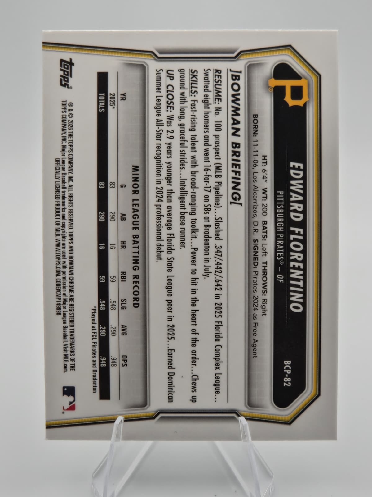 2026 Bowman Chrome 1st Bowman Edward Florentino Mojo Refractor #BCP-82 Pittsburgh Pirates