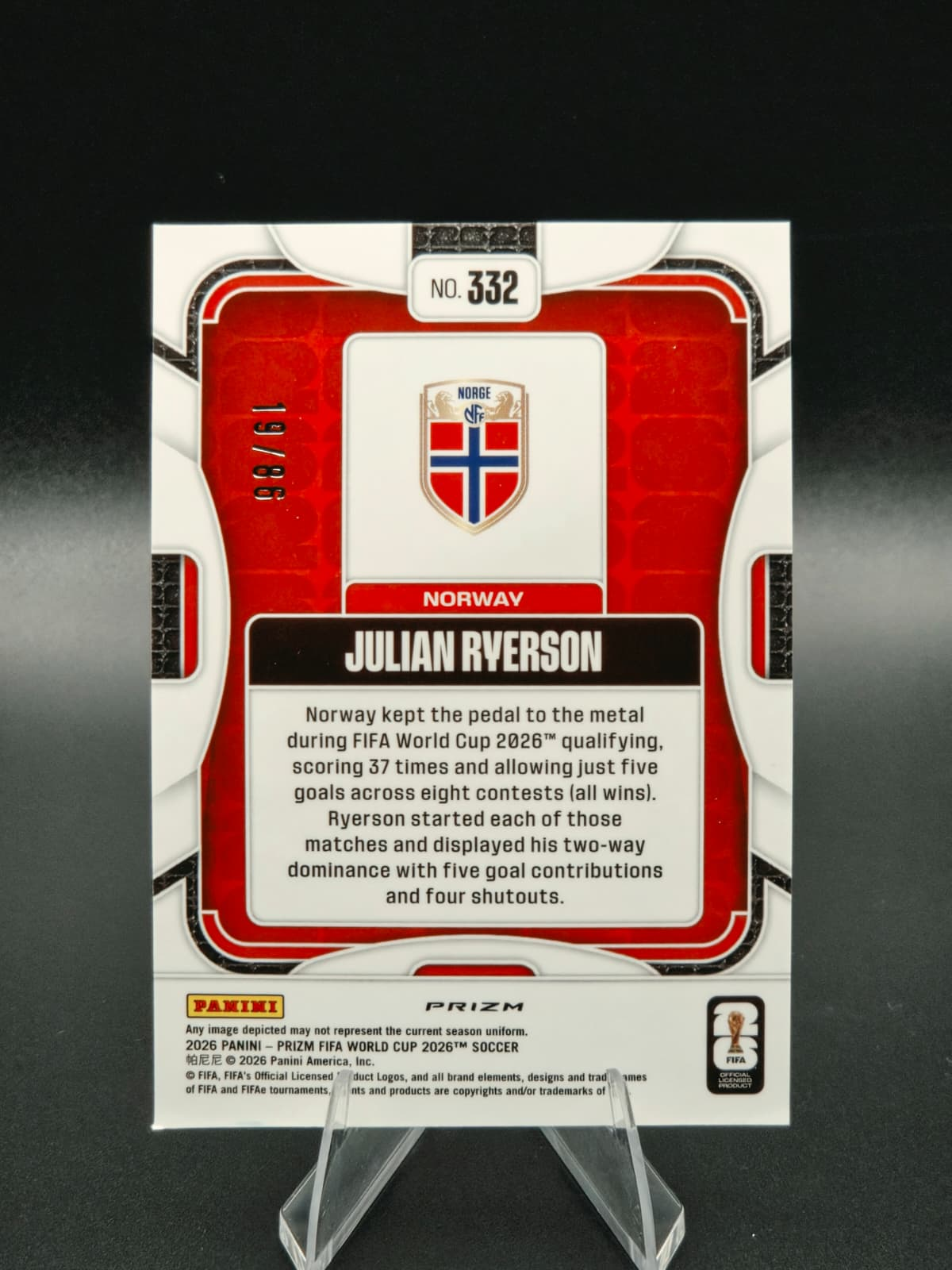2026 Panini Prizm FIFA World Cup Julian Ryerson Maple Parallel 19/86 #332 Norway
