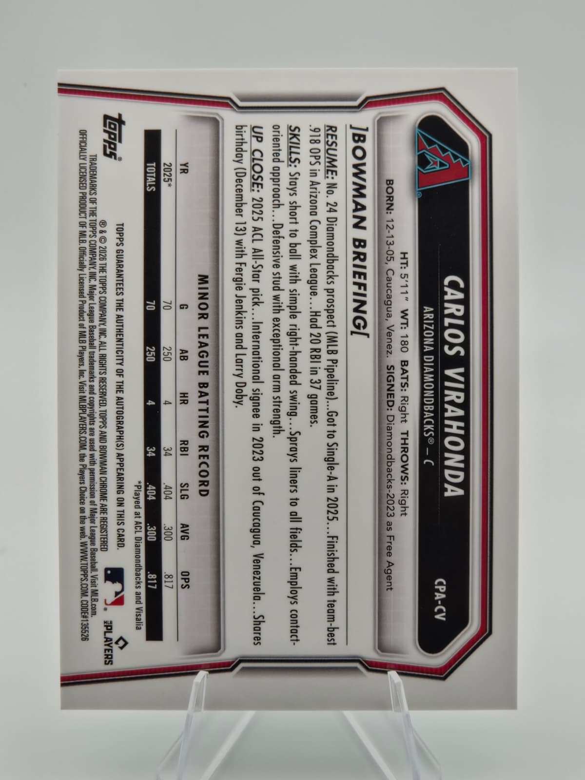 2026 Bowman Chrome 1st Bowman Carlos Virahonda Aqua Autograph 052/125 #CPA-CV Arizona Diamondbacks