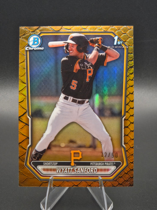 2026 Bowman Chrome Wyatt Sanford 1st Bowman Reptilian Gold Refractor 12/50 #BCP-66 Pittsburgh Pirates