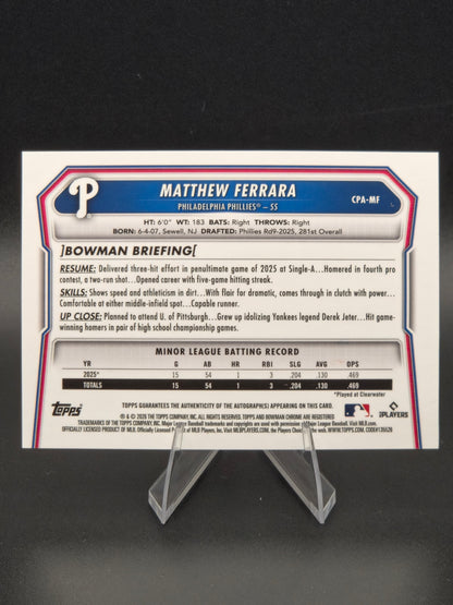 2026 Bowman Chrome Matthew Ferrara 1st Bowman Speckle Refractor Autograph 070/299 #CPA-MF Philadelphia Phillies