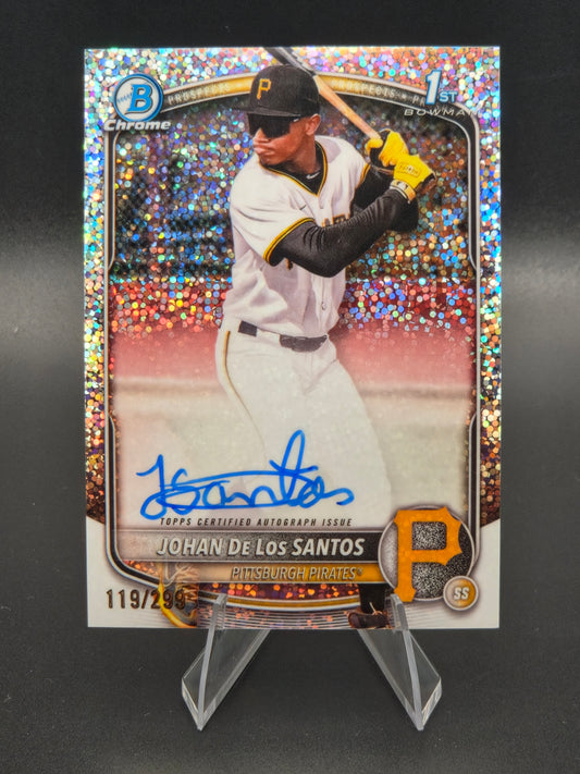 2025 Bowman Chrome Johan De Los Santos 1st Bowman Speckle Refractor Autograph 119/299 #CPA-JDLS Pittsburgh Pirates