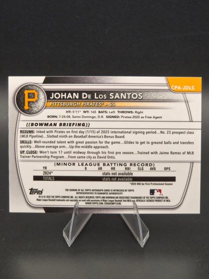 2025 Bowman Chrome Johan De Los Santos 1st Bowman Speckle Refractor Autograph 119/299 #CPA-JDLS Pittsburgh Pirates