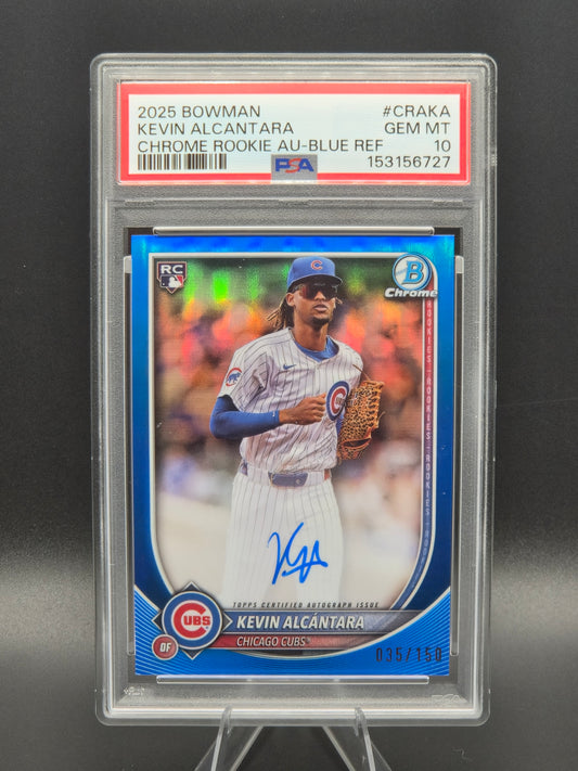 2025 Bowman Chrome Kevin Alcantara Blue Refractor Rookie Autograph 035/150 #CRA-KA PSA 10 Chicago Cubs