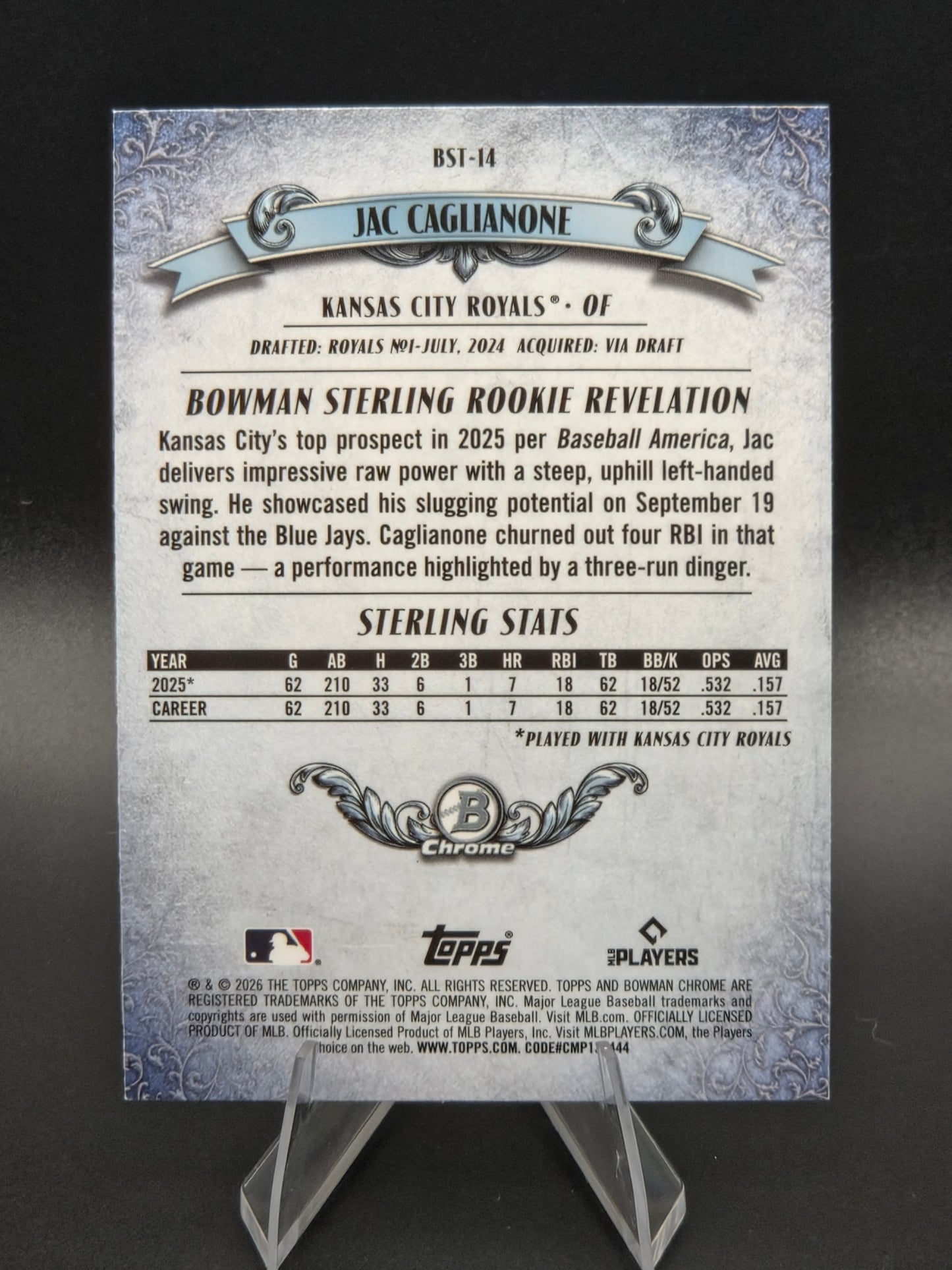 2026 Bowman Sterling Jac Caglianone RC #BST-14 Kansas City Royals
