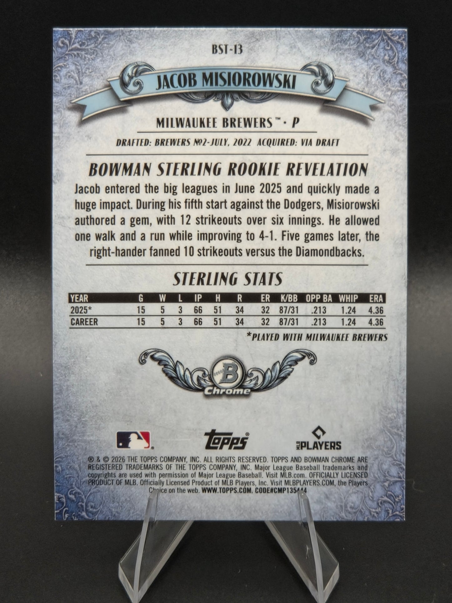 2026 Bowman Sterling Jacob Misiorowski RC #BST-13 Milwaukee Brewers