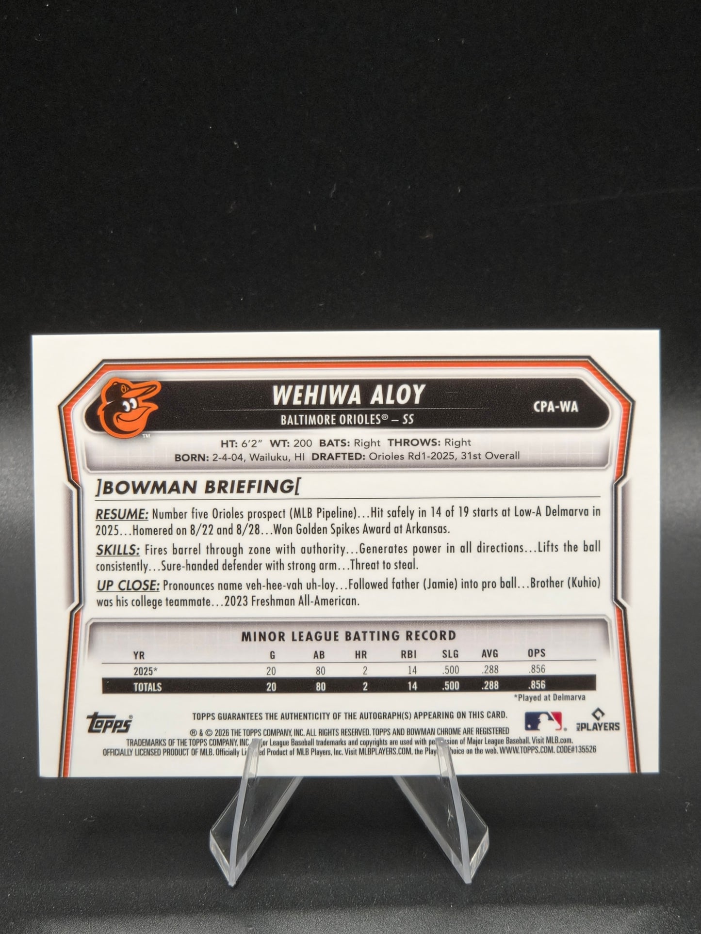 2026 Bowman Chrome Wehiwa Aloy 1st Bowman Prospect Autograph #CPA-WA Baltimore Orioles