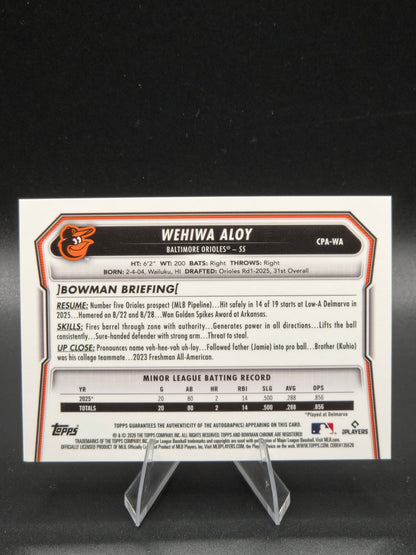 2026 Bowman Chrome Wehiwa Aloy 1st Bowman Prospect Autograph #CPA-WA Baltimore Orioles