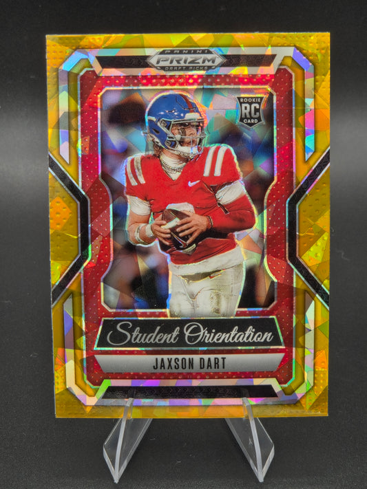 2025 Panini Prizm Draft Picks Jaxson Dart Student Orientation Gold Ice Prizm RC #9 Ole Miss Rebels
