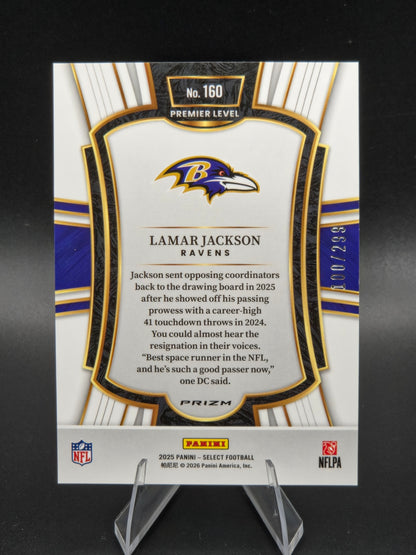 2025 Panini Select Lamar Jackson Premier Level Tri-Color Prizm 100/299 #160 Baltimore Ravens