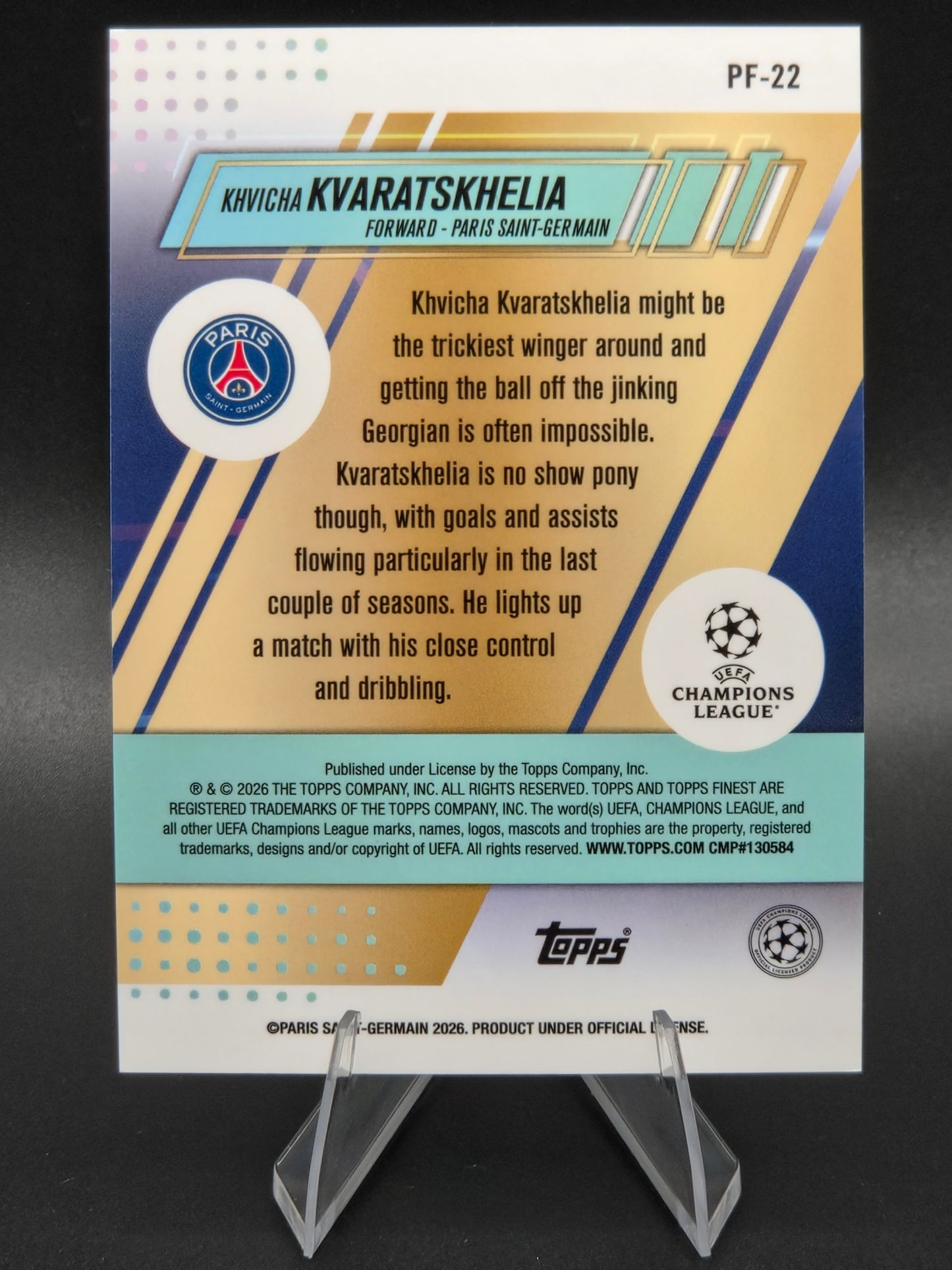 2026 Topps Finest Khvicha Kvaratskhelia Prized Footballers Green 68/99 #PF-22 Paris Saint-Germain