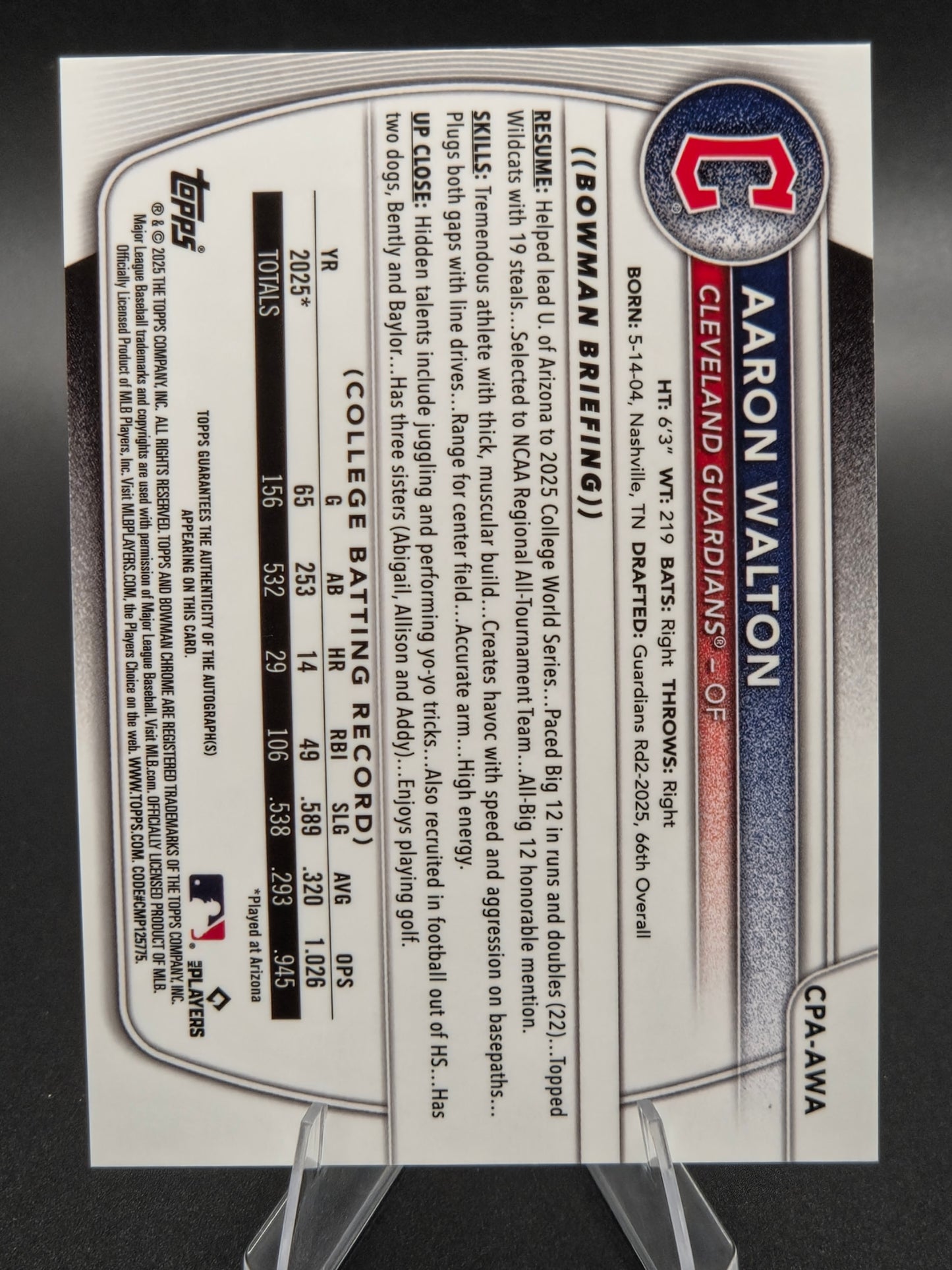 2025 Bowman Chrome Aaron Walton 1st Bowman Autograph #CPA-AWA Cleveland Guardians