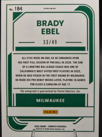 2026 Panini Donruss Optic Brady Ebel Blue Rated Prospect Autograph 33/49 #184 Milwaukee