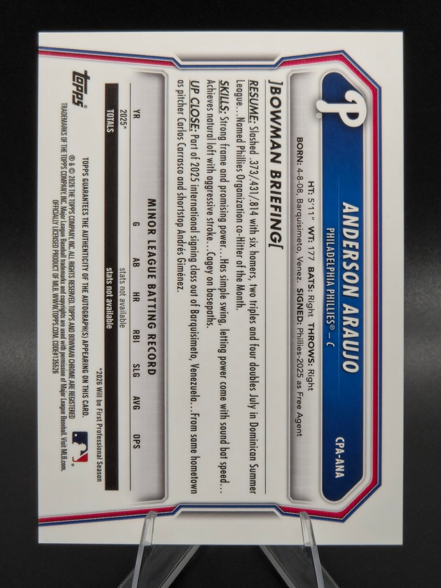 2026 Bowman Chrome Anderson Araujo 1st Bowman Autograph #CPA-ANA Philadelphia Phillies