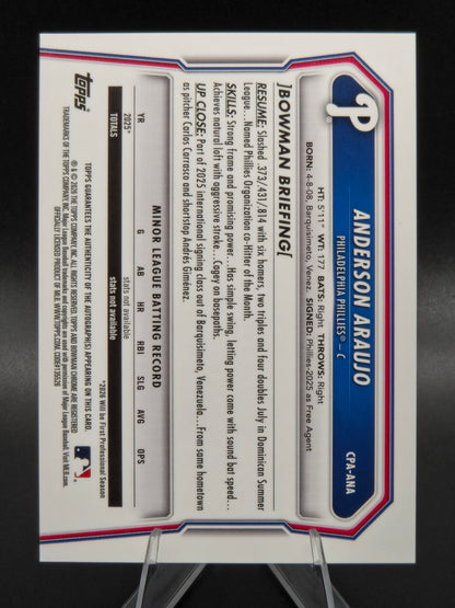 2026 Bowman Chrome Anderson Araujo 1st Bowman Autograph #CPA-ANA Philadelphia Phillies