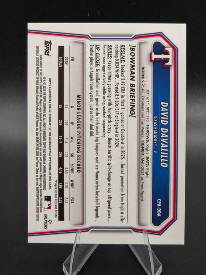 2026 Bowman Chrome David Davalillo Purple Autograph 004/250 1st Bowman #CPA-DDA Texas Rangers