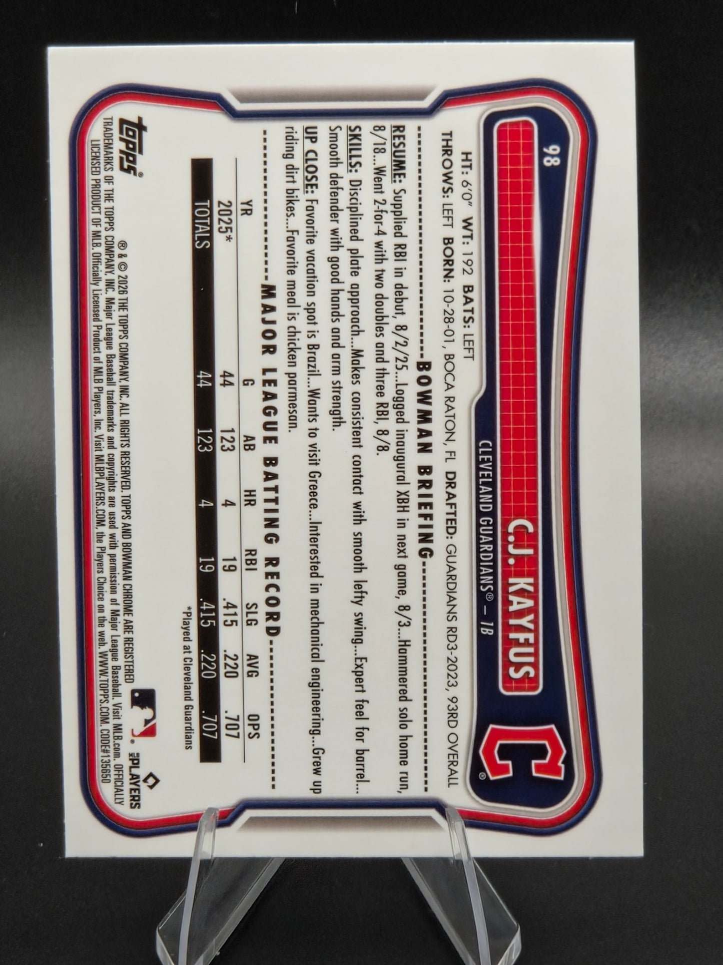 2026 Bowman Chrome C.J. Kayfus Refractor Rookie #98 Cleveland Guardians