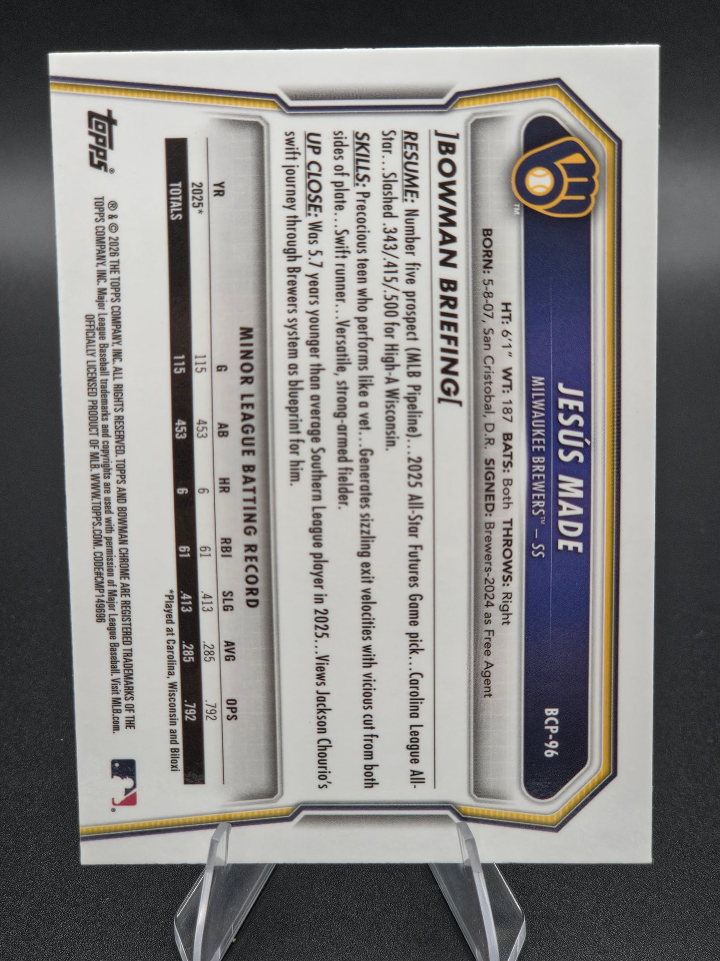 2026 Bowman Chrome Jesús Made Mojo Refractor #BCP-96 Milwaukee Brewers