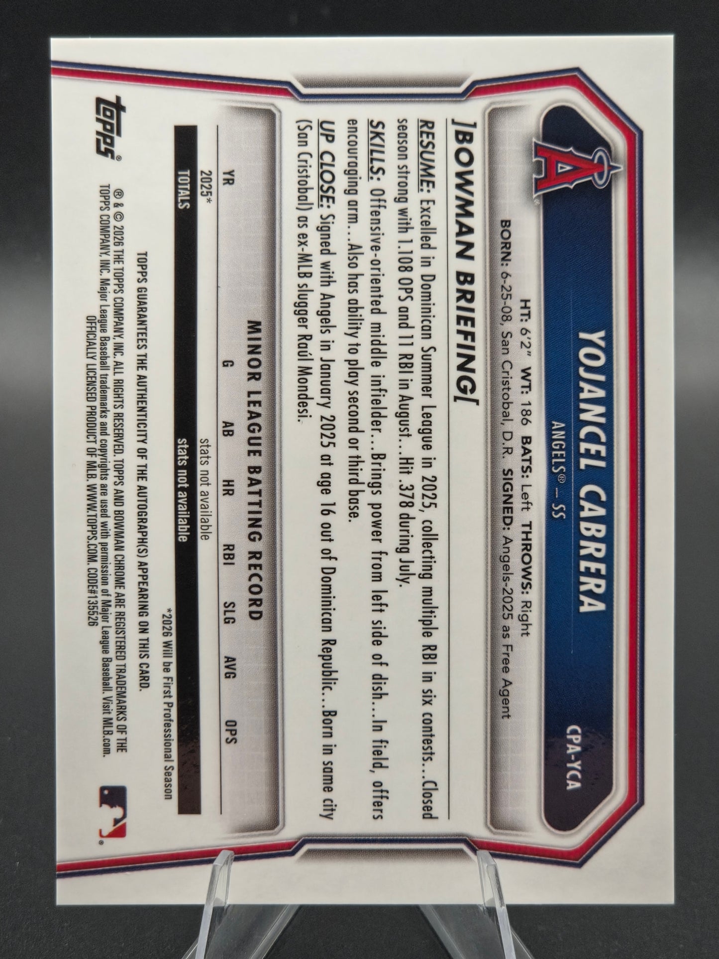 2026 Bowman Chrome 1st Bowman Yojancel Cabrera Mojo Autograph 006/150 #CPA-YCA Los Angeles Angels