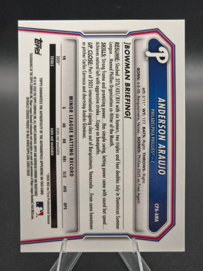 2026 Bowman Chrome 1st Bowman Anderson Araujo Purple Autograph 067/250 #CPA-ANA Philadelphia Phillies