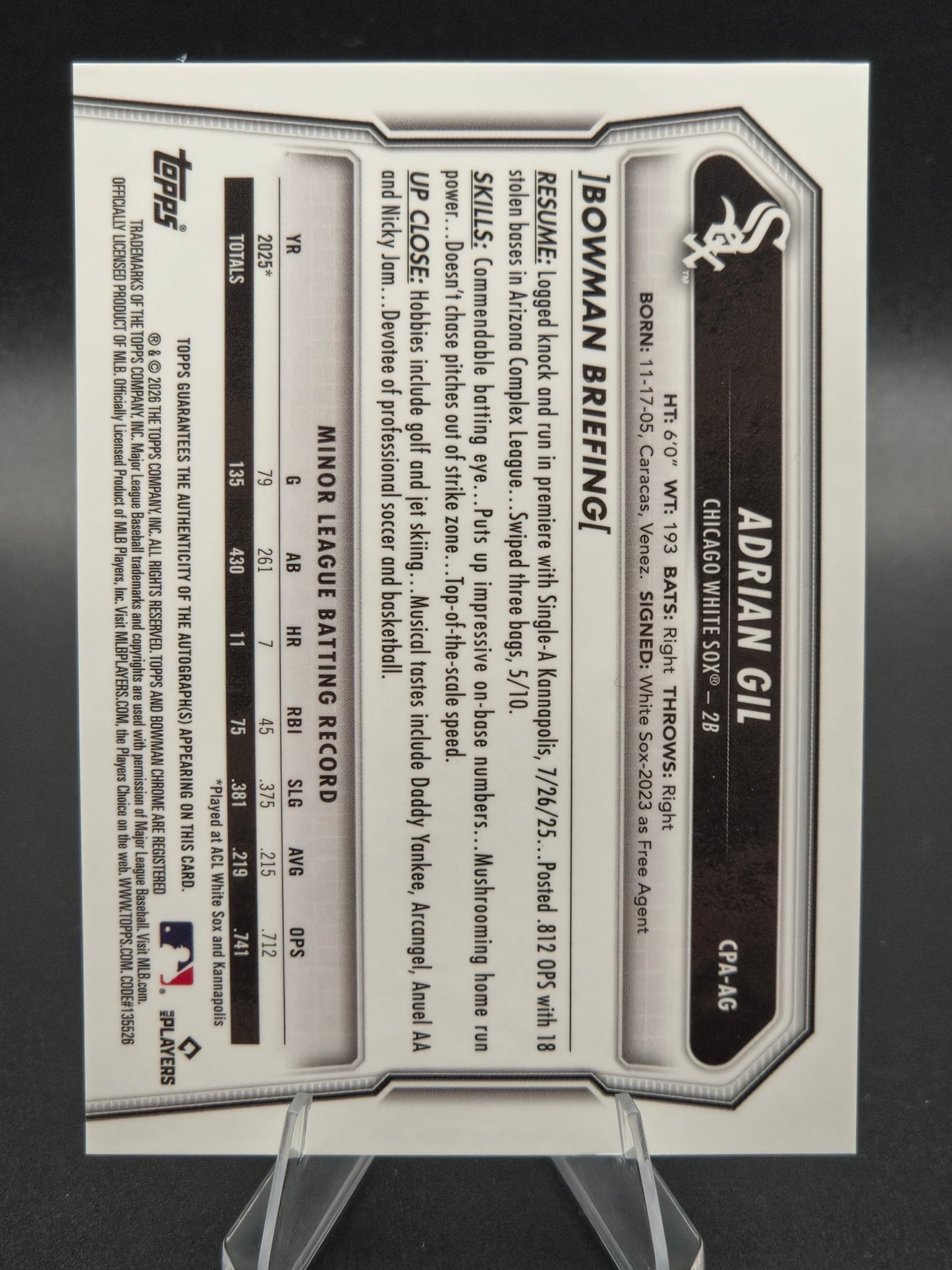 2026 Bowman Chrome 1st Bowman Adrian Gil Speckle Autograph 111/299 #CPA-AG Chicago White Sox