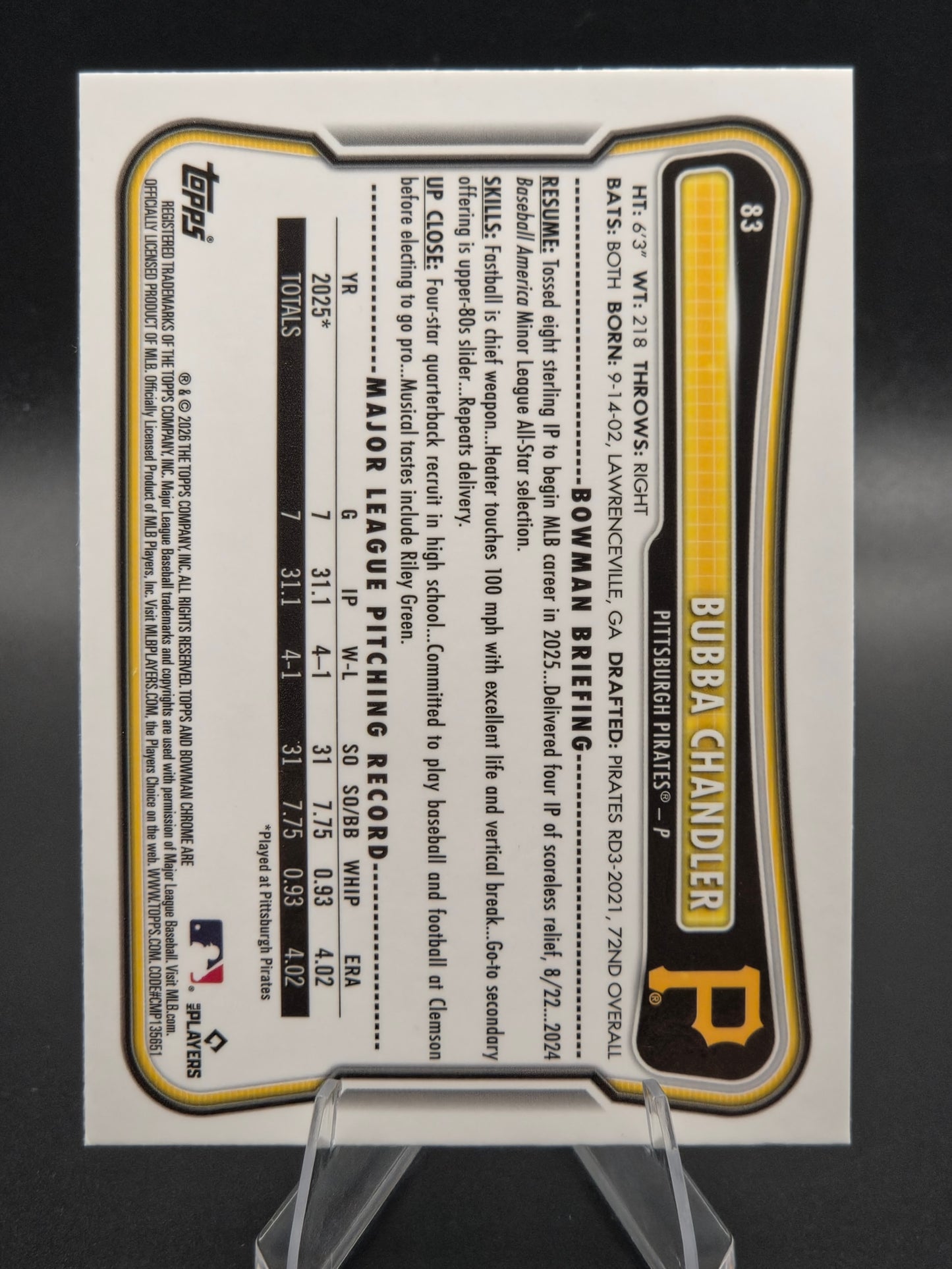 2026 Bowman Chrome Bubba Chandler Mojo Refractor Rookie #83 Pittsburgh Pirates