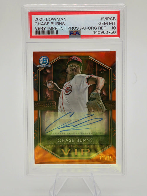 🔥 POP 1 🔥 2025 Bowman Chase Burns Very Important Prospects Orange Refractor Autograph 11/25 #VIP-CB PSA 10 Cincinnati Reds